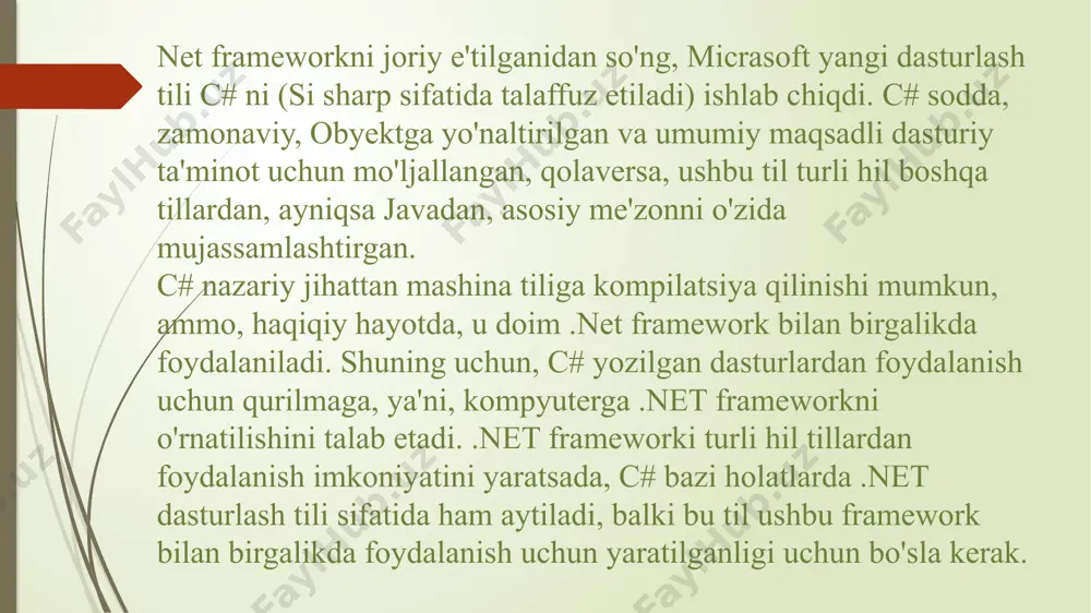 gilashtirish uchun bir talay dasturlar amalga oshirilmoqda. c# windows muhitida ishlaydigan dastur tuzish uchun qulay vosita bo`lib, kompyuterda dastur yaratish ishlarini avtomatlashtiradi, xatoliklarni kamaytiradi va dastur tuzuvchi mehnatini yengillashtiradi. c# dasturi zamonaviy visual loyihalash texnologiyasi asosida ob`yektga yo`naltirilgan dasturlash tili hisoblanadi. hozirgi kunda c# dasturlash tili yuqori bosqichli dasturlash tillari ichida eng samaralisi hisoblanadi xulosa c# dasturlash muhiti dastur tuzish uchun qulay bo`lgan dasturlash tillaridan biri bo’lib, kompyuterda dastur yaratish ishlarini avtomatlashtiradi, xatoliklarni kamaytiradi va dastur tuzuvchi mehnatini yengillashtiradi. c# dasturi zamonaviy visual loyihalash texnologiyasi asosida obyektga yo`naltirilgan dasturlash nazariyasini hisobga olgan holda tuziladi. c# dasturlash tili obyektga mo’ljallangan dasturlash tili hisoblanadi. bu kurs ishi mavzusida c# dasturlash tilida windows ilovalarida office ilovalari bilan bog’lanish tushinchasi haqida nazariy va amaliy ma’lumotlar keltirib o’tilgan. windows ilovalarida office ilovalari bilan bog’lanishda bitta formada hosil qilish murakkab bo’lganligi bois ularni alohida-alohida bog’ladim. murakkabligini sababi using bo’limida o’zgartirishlar kiritilganda ular aynan microsoft word ( …