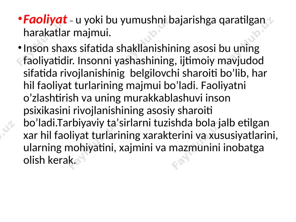 bunday harakatlar doimo motor harakatlarni o’z ichiga oladi. bunday harakatlar esa quydagi ko’rinishlarda bo’ladi:  persteptiv – ya’ni, bular shunday harakatlarki, ularning oqibatida atrofdagi predmetlar va hodisalar to’g’risida yaxlit obraz shakllanadi.  mnemik faoliyat – narsa va hodisalarning mohiyati vamazmuniga aloqador materialning eslab qolinishi, esga tushurilishi, hamda esda saqlab turilishi bilan bog’liq murakkab faoliyat turi.  fikrlash faoliyati - aql, faxm - farosat vositasida turli xil muammolar, masalalar va jumboqlarni yechishga qaratilgan faoliyat.  imajitiv - («image» - obraz so’zidan olingan) faoliyati shundayki, u ijodiy jarayonlarda hayol va fantaziya vositasida hozir bevosita ongda berilmagan narsalarning xususiyatlarini anglash va hayolda tiklashni taqozo etadi. shaxsning ehtiyojlari, ko‘nikma va malakalari. inson shaxsining shakllanishi o’yin, ta’lim, mehnat, sport va boshqa faoliyatning turlarida amalga oshadi. faollik tufayli faoliyatni amalga oshirish jarayoni yuzaga keladi, xulq - atvor, muomala vositasida ehtiyoj, istak, ijtimoiy talablar qondiriladi, turli xususiyatli axborotlar o’zlashtirilishi natijasida shaxs tarkib topa boshlaydi. ehtiyoj - jonli …