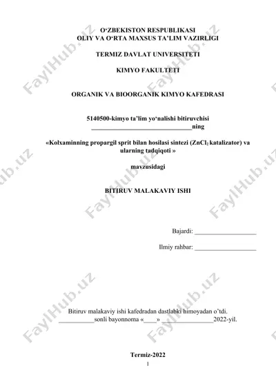 kolxaminning propargil sprit bilan hosilasi sintezi (zncl2 katalizator) va ularning tadqiqoti — DOCX