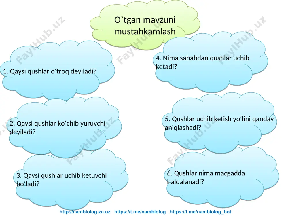 muncha ziyon keltiradi. http://nambiolog.zn.uz https://t.me/nambiolog https://t.me/nambiolog_bot chumchuqsimonlar turkumi: 1 – chug‘urchiq; 2 – hakka; 3 – qaldirg‘och; 4 – zog‘cha; 5 – qarg‘a; 6 – chittak; 7 – chumchuq; 8 – go‘ngqarg‘a http://nambiolog.zn.uz https://t.me/nambiolog https://t.me/nambiolog_bot ka p t a r s i m o n l a r t u r k u m i. shahar va qishloqlarimiz ko‘chalari va xiyobonlarida ko‘k kaptar va musicha ko‘p uchraydi. ko‘k kaptar to‘kilgan donlar, yovvoyi o‘tlarning urug‘ini terib yeydi; jarliklar, qoyalar, tashlandiq imorat va baland binolarning chordoqlariga uya quradi. ko‘k kaptar xonaki kaptar zotlarining nasl boshi hisob- lanadi.musichalar ko‘pincha oziq axtarib odamlar yashaydigan uylarga ham kirib qoladi. ular har xil don, sabzavot va mevalar ning urug‘lari bilan oziq lanadi; juft bo‘lib yashaydi; yil davomida 5 marta bola ochadi.kaptarsimonlar oilasining yana bir vakili bo`lgan qush qumri hisoblanadi.musichaga o`xshash, faqat uning bo`ynida yarim oysimon qora yo`li bor va dumining uchi oq. o`troq hayot kechiradi. http://nambiolog.zn.uz …