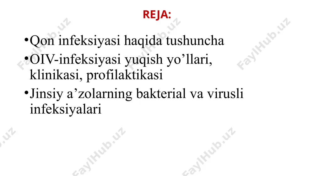 lukosteroidlar, interferonlar (virus faoliyatini to‘xtatuvchi) preparatlar qo‘llash bilan oqsil va uglevodga boy, lekin yog‘siz mahsulotlardan tanovul qilish tavsiya etiladi. oiv - oits -infeksiyasi oiv-infeksiyasi qondagi leykositlarga qarshi kurashib, organizmni infeksiyalarga qarshi kurashish kuchini susaytiradi. natijada har-xil kasalliklar kelib chiqishiga sababchi bo’ladi. oiv ning tarqalishi 15 “мы открываем наши лица потому что мы обычные люди . у нас есть свои радости и горести, успехи и неудачи, возможности и права– только любите каждого из нас”. 19 o’qlangan qurol tashqi ko’rinishidan odamlarni oiv-infeksiyasini yuqtirgan yoki yuqtirmaganligini (o’qlangan qurol) kabi bilib bo’lmaydi. faqat test o’tkazish yo’li bilan bilish mumkin. oiv-infeksiyasini klinik kecnishi serokonversiya klinik bilgilarsiz (yashirin) davri simptomli davri oits модуль 2 20 модуль 2. клиническое течение вич-инфекции 2-20 слайд 2-7 клиническое течение вич-инфекции сероконверсия -проникновение вич в организм, выработка антител. бессимптомная стадия- отсутствие симптомов вич-инфекции, иммунная система сдерживает размножение вируса. может проявляться генерализованной лимфоаденопатией. симптоматическая стадия – появляются клинические симптомы вич-инфекции, некоторое угнетение …
