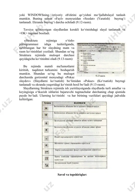 yasi” davlat ilmiy nashryoti 2001 y. 3. «informatika va axborot texnologiyalar» a.sattorov. тoshkent “o‘qituvchi” –2002. 4. “kompyuter bilan muloqotni o‘rganamiz” sh.narimov, m.najmiddinov. toshkent “moliya” – 2002 y. 5. raxmonqulova s.i. ibm shaxsiy kompyuterlarida ishlash.т., uui, 1994y 6. ”informatika fanidan amaliy mashqlar to‘plami” a.mahmudov farg‘ona 2003 y.