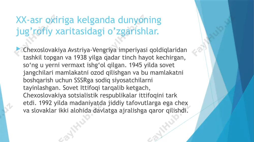 . mintaqaviy kontekstda eng ko'p davlatlar afrikada - 53 ta, osiyoda 47 ta, evropada (shu jumladan rossiyada) - 43 ta, amerikada - 35 ta, avstraliya va okeaniyada - 14 ta. xx-asr oxiriga kelganda dunyoning sisosiy xaritasidagi o’zgarishlar. 1996 yil - tanzaniya poytaxti dodomaga ko'chirildi. 1997 yil yanvar (rasmiy ravishda 01.01.98 dan) - qozog'iston poytaxtining olmaotadan ostonaga ko'chirilishi; 1997 yil - afrikaning zair davlati nomini o'zgartirish demokratik respublikasi kongo; xx asr. avstriya-vengriya, rossiya imperiyasi, usmonli imperiyasi, oxir-oqibat sovet ittifoqi, yugoslaviya sotsialistik respublikasi, chexoslovakiya, efiopiya va boshqa mamlakatlar kabi muhim davlatlarning qulashi bilan ajralib turdi. bu davrda 1976-yilda shimoliy va janubiy vetnam, 1990-yilda gfr va gdr, 1993-yilda yaman xalq demokratik respublikasi va yaman arab respublikasining birlashishi va boshqa koʻplab voqealar kabi muhim voqealar sodir boʻldi; xx-asr oxiriga kelganda dunyoning sisosiy xaritasidagi o’zgarishlar. 1991 yil dekabr oyidan boshlab yerning 1/6 qismida mavjud bo'lishni to'xtatdi sssr, uning hududida 12 ta suveren davlat tashkil topgan …