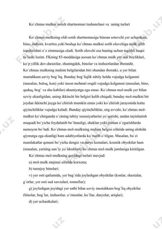 osti qatlamida, yer bag`rida joylashgan obyektlar (konlar, shaxtalar, g`orlar, yer osti sud xavzalari, tonnellar); g) joylashgan joyidagi yer sathi bilan uzviy mustahkam bog`liq obyektlar (binolar, bog`lar, inshootlar, o`rmonlar, ko`llar, daryolar, ariqlar); d) yer uchastkalari; ye) garchi yer bilan bog`liq bo`lmasa-da, alohida qiymatga ega ekanligi sababli fuqarolik muomalasida ko`chmas mol-mulkning huquqiy rejimi joriy qilingan obyektlar-dengiz va havo kemalari, fazo obyektlari. ko`chmas mol-mulk sotish shartnomasining shakli ma`lumki, fkning 84-moddasiga asosan ko`chmas mulkka egalik qilish huquqi va boshqa ashyoviy huquqlar, bu huquqlarning vujudga kelishi, boshqa shaxslarga o`tishi, cheklanishi va bekor bo`lishi davlat ro`yxatidan o`tkazilishi kerak. ko`chmas mol-mulkka bo`lgan mulk huquqi davlat ro`yxatidan o`tkazilganda mulkdorlarga ko`chmas mol-mulkka nisbatan mulkdor ekanligi haqidagi hujjat berish, shuningdek, ko`chmas mulkdorini maxsus davlat reyestrida qayd qilish orqali amalga oshiriladi. ko`chmas mol-mulkning sotuvchisi, binobarin, mulkdor sifatida tegishli hujjatga ega bo`lishi, ko`chmas mol-mulkning o`zi va mulkdori davlat reyestrida ro`yxatdan o`tgan bo`lishi shart. aks holda, u ko`chmas mol-mulk oldi-sotdi shartnomasida sotuvchi sifatida …
