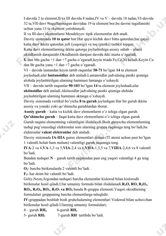 emada 7 ta (gorizontal bo’yicha) davr (rim raqamlar bilan belgilangan)ulardan i,ii,iii – davrlar kichik davr,iv,v,vi – davrlar katta davr,vii - davr tugallanmagan davr deyiladi. katta davr - asosiy va yonaki guruh elementlarni o’z ichiga olgan davr. kichik davr – asosiy guruh elementlarni o’z ichiga olgan davr. i-davrda 2 ta element,ii va iii davrda 8 tadan,iv va v – davrda 18 tadan,vi-davrda 32 ta,vii-davr 9tugallanmagan davr)daa 19 ta element bor,bu davrni tugallanishi uchun yana 13 ta ekement yetishmaydi. ii va iii-davr elementlarni mendeleyev tipik eleementlar deb atadi. davriy sistemada 10 ta qator bor.har qaysi kichik davr bitta qatordan,har qaysi katta davr ikkita qatordan juft (yuqorigi) va toq (pastki) tashkil topgan. katta davr elementlarning ikkita qatorga joylashishiga asosiy sabab – ularni oksidlanish darajasidir.oksidlanish darajasi davrda ikki marta o’zgaradi. k dan mn gacha +1 dan +7 gacha o’zgaradi,keyin triada fe,co,ni keladi.keyin cu dan br gacha yana +1 dan +7 gacha o’zgaradi. vi – …