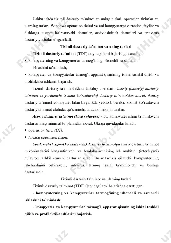 terning va kompyuter tarmoqlarining ishini ta’minlovchi dasturlar majmuasidir. tizimli dasturiy ta’minot ikkita tarkibiy qismdan - asosiy (bazaviy) dasturiy ta’minot va yordamchi (xizmat kо’rsatuvchi) dasturiy ta’minotdan iborat. asosiy dasturiy ta’minot kompyuter bilan birgalikda yetkazib berilsa, xizmat kо’rsatuvchi dasturiy ta’minot alohida, qо’shimcha tarzda olinishi mumkin. endi kompyuterning dasturiy ta’minoti bilan tanishib chiqaylik. barcha dasturiy ta’minotlarni uchta kategoriya bо’yicha tasniflash mumkin: · tizimli dasturiy ta’minot; · amaliy dasturiy ta’minot; · dasturlash texnologiyasining uskunaviy vositalari. shunday qilib, tizimli dasturiy ta’minotni sxematik ravishda quyidagicha tasvirlash mumkin. operasion tizim (ot). kompyuter bilan ishga tushuvchi ushbu dastur kompyuterni va uning resurslarini (tezkor xotira, diskdagi о’rinlar va hokazo) boshqaradi, foydalanuvchi bilan muloqotni tashkil etadi, bajarish uchun boshqa dasturlarni (amaliy dasturlarni) ishga tushiradi. ot foydalanuvchi va amaliy dasturlar uchun kompyuter qurilmalari bilan qulay muloqotni (interfeysni) ta’minlaydi. hozirgi paytda dasturlash texnologiyasining uskunaviy vositalarini yaratish bilan bog’liq yo’nalish tez sur’atlar bilan rivojlanmokda. bunday uskunaviy vositalar dasturlar yaratish va sozlash uchun quvvatli …