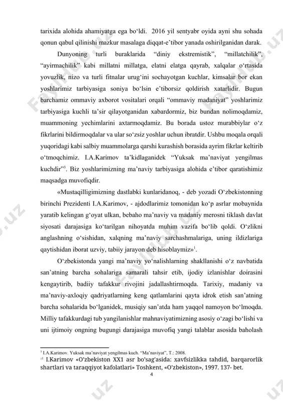 davrdagi tahlili yoritilgan bo‘lib, musiqiy madaniyatning har bir sohasiga qisqacha to‘xtab o‘tilgan. texnikaviy rivoj bosimida jadallab borayotgan va o‘z tahsirini o‘tkazayotgan musiqiy taraqqiyot oqimining yoshlarga tahsiri o‘z kuchini ko‘rsatmoqda. shu sababli asrlar bo‘yi ota-bobolarimizdan bizgacha yetib kelgan musiqiy madaniyatimizni asragan, an’anaviy qo‘shiqchilik va millliy musiqa boyligimizdan foydalangan holda bugungi zamon ruhiga mos musiqalar yaratish, jahon klassik musiqa san’atidan unumli foydalanish, milliy estrada ruhida qo‘shiqlar yaratish bugungi kunning dolzarb vazifasi bo‘lib qolmoqda. barkamol inson tarbiyasida, ayniqsa, ijtimoiy hayotda, yoshlar tarbiyasida musiqaning o‘rni va ahamiyatini to‘g‘ri tahlil qilib, musiqaning ta’sirchanlik kuchiga baho berishda aniq, ravshan uslubiy rejalar asosida ish ko‘rishni taqozo qilmoqda. ikkinchi tomondan, xalqimizning insoniyat madaniy taraqqiyoti tarixida tutgan o‘rnini, jahon ma’naviy xazinasiga qo‘shgan hissasini, ulug‘ ajdodlarimiz yaratgan madaniyat va san’at boyliklarini, musiqiy madaniyatning kelajak avlodga o‘z holicha yetkazish, bugungi kunda ushbu ma’naviy boyliklarni istiqlol mafkurasi manfaatlari yo‘lida xizmat qildirish va yosh avlodni shu ruhda tarbiyalash barcha mahnaviyat ahlining muqaddas burchidir. …