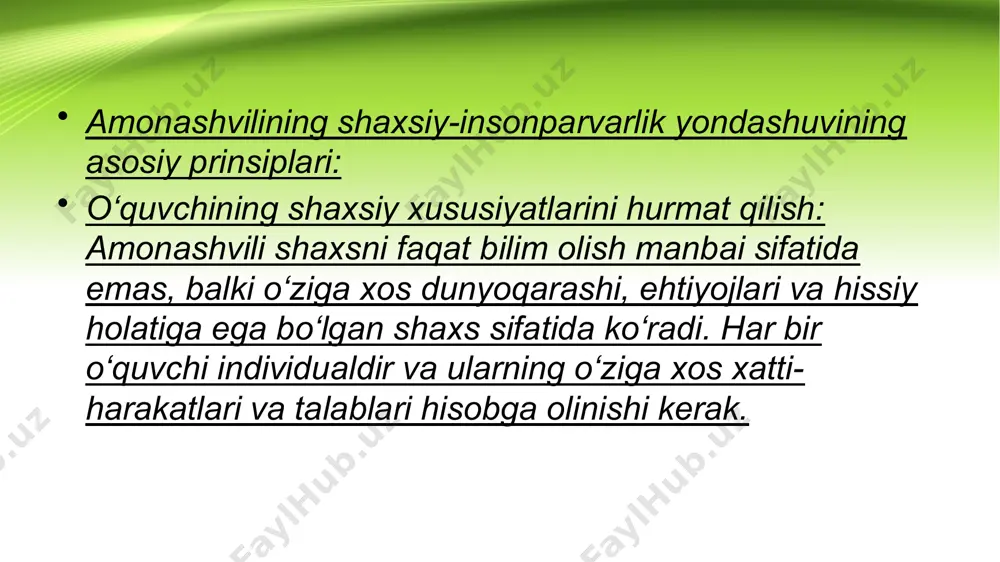 da ta'limni tashkil etishi zarur. bu orqali o‘quvchilarning o‘ziga bo‘lgan ishonchi ortadi, ular yanada motivatsiyalangan bo‘ladilar. 5. pedagogning o‘zini takomillashtirishi amonashvili o‘qituvchining o‘zini doimiy ravishda takomillashtirishi kerakligini, o‘zining ruhiy va hissiy holatini yaxshi tutishi, shuningdek, pedagogik usullarni yangilab borishi kerakligini ta'kidlaydi. o‘qituvchi shaxs sifatida o‘zini rivojlantirishga intilishi, o‘quvchilarga o‘zining ijobiy ko‘rsatkichlarini namoyish qilishi kerak. 6. o‘quvchilarning individual ehtiyojlariga moslashish amonashvili ta'lim jarayonida har bir o‘quvchining individual ehtiyojlari va qobiliyatlariga moslashish zarurligini ko‘rsatadi. o‘qituvchi o‘quvchilarning o‘ziga xos qobiliyatlarini, mustahkam yoki zaif tomonlarini aniqlab, ularning imkoniyatlariga mos tarzda yondashishi kerak. bu nafaqat o‘qish jarayonini, balki o‘quvchining o‘zini anglash jarayonini ham yaxshilaydi. 7. tinglash va tushunish amonashvili o‘qituvchi va o‘quvchi o‘rtasidagi samarali muloqotda tinglash va tushunish muhimligini ta'kidlaydi. o‘qituvchi o‘quvchining fikrlarini, savollarini va tashvishlarini diqqat bilan tinglab, unga tegishli javoblar berishi kerak. bu o‘quvchilarga o‘zlarini erkin va hurmat bilan his qilishga yordam beradi. 8. shaxsiy rivojlanish va o‘zini anglash sh.a. amonashvili ta'lim jarayonida …