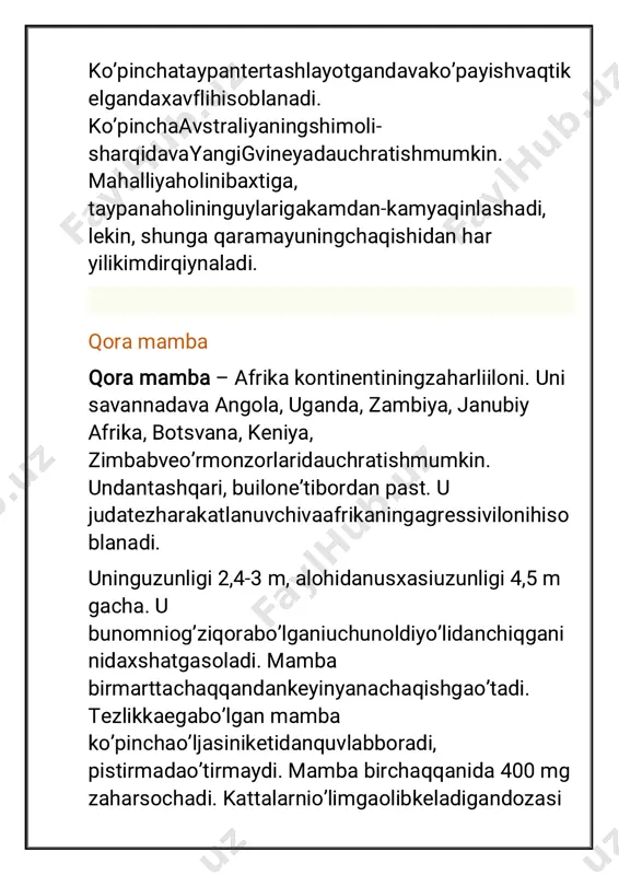 iyahavoyaqinidaginarsalargategar- tegmasqilibo‘ynatadivaichigatortiboladi. tilininguchlariyakobsonjuftorganining tepa tanglayidagiikkitachiqarishteshigidajoylashadi. bu yerdailonhavodapaydobo‘ladiganarzimasmiqdordagi moddalarhaqidama’lumotoladiva shunga qarabo‘ljasiningqayerdajoylashganligiyokisuvmanba yiningqayerdaligi haqidamo‘ljaloladi. ko‘zlari ham mo‘ljaldakattarolo‘ynaydi (hammailonlarda ham shundayemas). tungiilonlarningko‘zqorachig‘ivertikalyokiyumaloq, ba’zanesagorizontalbo‘lishimumkin, kunduzgiilonlarnikihammavaqtyumaloqbo‘ladi. ilonlarda hid bilishsezgisiyaxshirivojlangan, ularsichqonbilankalamushnihidigaqarabajrataoladi. ulardaeshitishorganiyaxshirivojlanmagan, tashqi eshitishteshigibo‘lmaydi. o‘rtaqulog‘isoddatuzilganvafaqatichkiqulog‘iyaxshiri vojlangan. shuninguchun ham ilonlarodamningoyoqtovushinieshitadi, biroqhavodatarqaladigantovushlarnieshitmaydi. bu tomondanulardeyarlikarhisoblanadi. demak, ilonlarnimusiqachalibo‘ynatishhaqidagiafsonalaraso ssiz. bo‘g‘mailonlarbilanshaqildoq (chinqiroq) ilonlardaissiqnisezishorganibo‘lib, ularuzoqdano‘ljasiningtanasidanchiqayotganharorat nibiladi. bu organlartashqitomondanikkitachuqurchashaklidabo‘l adi. ilonlarfaqatjonivorlar (chuvalchanglar, o‘rgimchaksimonlar, ko‘p-oyoqlilar, hasharotlar, baliqlar, suvda ham quruqdayashovchilar, toshbaqalar, kaltakesaklar, ilonlarvasutemizuvchilar) bilanoziqlanadi. ko‘pturlariningurg‘ochilarierkagidanyirikroqbo‘ladi. tuxumqo‘yibyokitiriktug‘ibko‘payadi. bir yildabirmartatuxumqo‘yadi. bir martatuxumqo‘yishdamaydaturlaribittadan 3-4 tagacha, yiriklaribirnechao‘nlabtuxumqo‘yadi. inkubatsiyadavribiroydan 2,5 oygachadavometadi. o‘rtaosiyokobrasi ushbukobra – o‘zbekistondagiyirikzaharliilonlardanbiri. tanasininguzunligi 125 sm, dumi 45 sm. gacha. rangi tana rangidanto‘qsariq, qo‘ng‘iryokiqoraranggao‘zgaribturadi. ostkitomonioqvatanasiningoldingitomonidaikki- uchtaqorako‘ndalangyo‘llari bor. yoshlariningorqasidauzunasigaqorarangliko‘ndalang yo‘llaribor, ularning old tomonidagilaripa