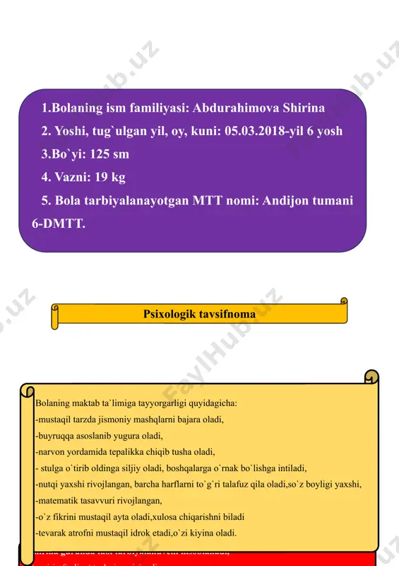 ktabgacha yoshdagi bolalarda bilim olish ehtiyojini, o‘qishga intilish moyilliklarini shakllantirib, ularni muntazam ravishda ta’lim jarayoniga tayyorlash, bolalarning tafakkurini rivojlantirish, o‘zining fikrini mustaqil va erkin ifodalash malakalarini shakllantirish, bolalarning jismoniy va ruhiy sog`ligini ta’minlashdan iborat. bu bosqichda bolalarni maktab ta’limiga tayyorlash masalasi eng dolzarb masalalardan sanaladi. aynan shuni e’tiborga olgan holda bugungi kunda mamlakatimizda maktabgacha ta’lim sohasida, bolalarni maktab ta’limiga tayyorlash sohasida tub o‘zgarishlar amalga oshirilmoqda. maktabgacha ta’lim sohasida prezidentimiz sh.m. mirziyoyev faol tashabbusi bilan amalga oshirilayotgan ishlar, qabul qilinayotgan farmon va qarorlar muhim ahamiyat kasb etmoqda. maktabgacha ta’lim vazirligining tashkil etilishi, prezidentimiz tomonidan “2017-2021-yillarda maktabgacha ta’lim tizimini yanada takomillashtirish chora-tadbirlari to‘g‘risida”gi 2707-sonli qaror (2016-yil, 29- dekabr), «maktabgacha ta’lim tizimi boshqaruvini tubdan takomillashtirish choratadbirlari to‘g‘risida»gi pf-5198-sonli farmon (2017-yil 30-sentabr), o‘zbekiston respublikasi vazirlar mahkamasining “maktabgacha ta’lim muassasalari faoliyatini takomillashtirish to‘g‘risida” gi 528-sonli qarori (2017- yil, 19-iyo‘l), “o‘zbekiston respublikasi maktabgacha ta’lim tizimini 2030-yilgacha rivojlantirish kontsepsiyasi” kabi rasmiy hujjatlarning qabul qilinishi maktabgacha ta’lim tizimida …