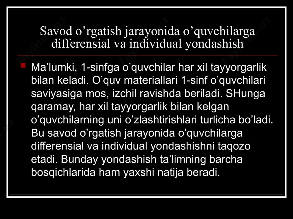 i) mashq qilinadi. kichik va bosh harflar bilan tanishtiriladi. bo’g’inlar o’qitiladi. so’zlarni avval doskada, keyin “alifbe”dan o’qish. harf, bo’g’inlardan harf terish kartonida so’z, so’z birikmasi, gap tuzish (o’qish), so’z ma’nosi ustida ishlash. matnni o’qish va tahlil qilish, uni qayta o’qish, rasmni matnga bog’liqligini belgilash. nutq o’stirish: lug’atni boyitish, so’z birikmasi, gap, bog’lanishli hikoya tuzish. umumlashtirish: yangi harfni jadvalga qo’yish, yangi o’rganilgan tovushni unli va undoshga kiritish, yangi harfni ilgari o’rganilganlar bilan qiyoslash, tovush va harfning ahamiyatini takrorlash va hokozo. o’quvchilarga tabaqalashtirib (differensial) yondashish savod o’rgatishning birinchi darslaridayoq o’quvchilarga tabaqalashtirib (differensial) yondashish (bunda o’quvchilarning o’qishga tayyorgarliklaridagi farqlarni hisobga olinadi) amalga oshiriladi. fonetik ishlar sohasida jarangli va jarangsiz undoshlar taqqoslashga, ularning so’z ma’nosini farqlashdagi faoliyatini aniqlashga oid mashqlar o’tkaziladi. (ziyrak-siyrak, dil-til kabi). artikulyasiyasi qiyin bo’lgan undoshlar ng (tong), lab-tish undoshi – v, qorishiq undosh s, ch, jarangli portlovchi – j va jarangli sirg’aluvchi – j kabilarni o’rganishda tovush artikulyasiyasiga oid ishlar qiyinlashadi. …