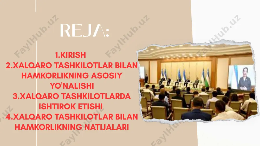 jlantirishga qaratilgan xalqaro tashkilot bo‘lib, uning a’zo davlatlari turkiya, o‘zbekiston, qozog‘iston, qirg‘iziston, turkmaniston (kuzatuvchi sifatida), va boshqa turk tilida so‘zlashuvchi mamlakatlardir. oʻzbekiston respublikasi mustaqillikka erishganidan soʻng, xalqaro maydonda oʻzining milliy manfaatlarini himoya qilish, iqtisodiy, siyosiy, madaniy va ijtimoiy sohalarda rivojlanishni taʼminlash maqsadida xalqaro tashkilotlar bilan faol hamkorlikni yoʻlga qoʻydi. ushbu mustaqil ishda oʻzbekistonning turli xalqaro tashkilotlar bilan oʻrnatgan munosabatlari, ularning ahamiyati va natijalari tahlil qilinadi. oʻzbekistonning xalqaro tashkilotlar bilan hamkorligi quyidagi yoʻnalishlarda olib boriladi: xavfsizlik va barqarorlikni taʼminlash – oʻzbekiston xalqaro tashkilotlar orqali mintaqaviy va global xavfsizlikni mustahkamlashga hissa qoʻshmoqda. iqtisodiy rivojlanish – chet el investitsiyalarini jalb qilish, savdo-iqtisodiy aloqalarni kengaytirish. madaniy va ilmiy aloqalar – xalqaro taʼlim dasturlarida ishtirok etish, madaniyatlararo muloqotni rivojlantirish. a) birlashgan millatlar tashkiloti (bmt) oʻzbekiston 1992-yil 2-mart kuni bmtga aʼzo boʻldi. bugungi kunda oʻzbekiston: barqaror rivojlanish maqsadlariga (brm) erishish yoʻlida faoliyat yuritmoqda. ekologik masalalar, xususan, orol dengizi inqirozini hal qilishda bmt tashkilotlari bilan yaqindan hamkorlik …