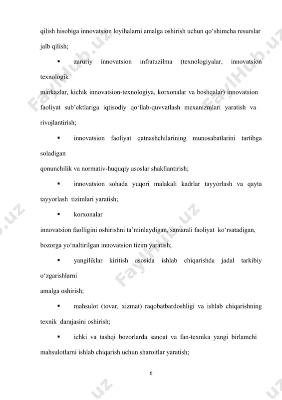 i aniqlash, uni amalga oshirish sharoitlarini ifodalash imkonini beradi. bularga birinchi navbatda turli xil ehtiyojlar kiradi. ularni ichki va tashqi muhit ehtiyojlari hamda shaxsiy ehtiyojlarga ajratish mumkin bo‘ladi. birinchi guruhni biror yangi tovar ishlab chiqarish uchun zarur bo‘lgan makrodarajadagi ehtiyojlarni shakllantiradi. ular mazkur mahsulot bozorining shakllanishi va faoliyati xususiyatlari, raqobatbardoshlik darajasi, etkazib beruvchilar va iste’molchilar hatti-harakati, ushbu soha yoki tarmoqdagi davlat siyosati, umumjahon bozor tendensiyalari va hokazolar bilan aniqlanadi. ikkinchi guruh korxona moliyaviy-xo‘jalik faoliyatining turli jihatlarini, umumxo‘jalik siyosatining istiqboli va tendensiyalarini, ilmiy-texnik va resurs salohiyatini aks ettiruvchi korxona ehtiyojlaridan iborat. uchinchi guruh murakkab tizim sifatidagi innovatsion jarayonni rivojlanishini ta’minlovchi, ichki ehtiyojlar yig‘indisidan iborat bo‘lib, innovatsion jarayonlarni ayrim elementlarini (tashkiliy, texnik, texnologik, kadrlar va hokazo) holati va o‘zaro aloqalarini ko‘rib chiqish lozim. iqtisodiy texnik- texnologik tashkiliy ijtimoiy- huquqiy ekologik ko‘rsatilgan omillarni hisobga olgan holda, innovatsion jarayonlarni boshqarishning samarali tizimini yaratish, zaruriy nazariy ishlanmalar mavjudligini talab qiladi. bu erda, tegishli tushunchalarni ta’riflash …