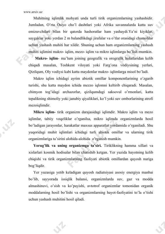 ko’payishi, avtotrof organizmlar tomonidan organik moddalarning hosil bo’lishi va organizmlarning hayot-faoliyatini to’la o’tishi uchun yashash muhitini hosil qiladi. yorug’likning ekologik mohiyati. yorug’likning ekologik mohiyati kun davomida tirik organizmlarga ta’sir qiladi. energiya manbai va ta’sir qilish tezligi quyosh nurining (spektral) tarkibidan kelib chiqadi. quyosh energiyasi nurlarining o’simlik yagrog’iga ta’sirini 4 ta fiziologik mintaqaga bo’lish mumkin: 1). 300-520 nm uzunlikdagi to’lqinlar ta’sir qiladigan mintaqa: quyosh nurining bu to’lqinlari xlorofill, karotinoid, protoplazma, fermentlar tomonidan yutiladi, qabul qilinadi. 2). 520-700 nm uzunlikdagi to’lqinlar mintaqasi bo’lib, u nurli to’lqinlarni faqat xlorofilgina qabul qiladigan to’q sariq, qizil nurlardan iborat. bu nurlar hamma fiziologik jarayonlar uchun, ya’ni fotosintez, rivojlanish va forma hosil qilishda katta ahamiyatga ega. 3). 700-1050 nm infraqizil nurlar mintaqasi bo’lib,ularning hech qanday biologik roli yo’q. 4). 1050 nm dan yuqori mintaqa –uzun infraqizil radiatsiyalar, kuchli issiqlik omili bo’lib, uni sitoplazma va suvgina yutadi. quyosh radiatsiyasi to’q sariq-qizil va qizil nurlar (600-6800nm) yaproq tomonidan intensiv …