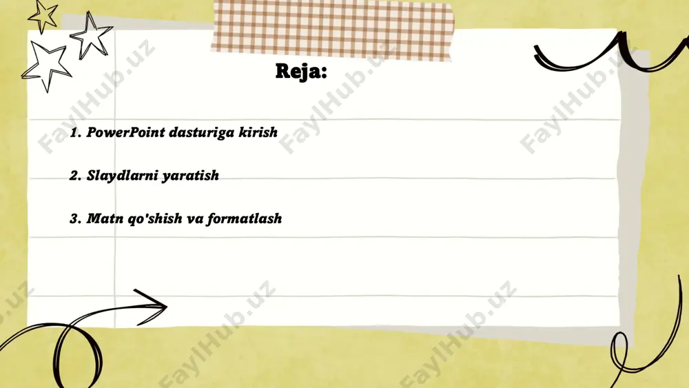 mkin. masalan, microsoft word yoki google docs dasturlarida siz matnning shrift turini (arial, times new roman), shrift o'lchamini (10, 12, 14 pt), va rangini o'zgartirishingiz mumkin. bundan tashqari, matnni qalin, kursiv yoki ostiga chiziq tortish orqali ajratish mumkin. matnni chapga, o'rtaga yoki o'ngga tekislash funksiyalari mavjud. paragraflar orasida 1,15 yoki 1,5 intervallar qo'shish tartibni yaxshilaydi. ro'yxatlar tuzishda punktli yoki raqamli variantlar yordam beradi. ushbu formatlash vositalari matnni oson o'qiladigan va professional qilishi mumkin. ... t.me/slaydai_bot 4. rasmlar va grafikalar qo'shish rasmlar va grafikalar qo'shish saytlar va taqdimotlar samaradorligini oshiradi. tadqiqotlarga ko‘ra, vizual ma’lumotni eslab qolish qobiliyati 65%, faqat matnli ma’lumot esa 10% ni tashkil qiladi. rasmlar foydalanuvchilar e’tiborini tortishda 94% samaraliroqdir. tadbir yoki taqdimotdagi grafikalar ma’lumotni 60 ming marta tezroq uzatadi. powerpoint taqdimotlarida rasmlar qo‘shish tinglovchilar e’tiborini 65% oshiradi. veb-sayt ziyoratchilarining 81% sahifadagi ma’lumotni skaner qiladi, ko‘zga ko‘ringan rasmlar esa ularning qiziqishini saqlab qolishi mumkin. ammo, rasmlar hajmi veb-sayt yuklanish …