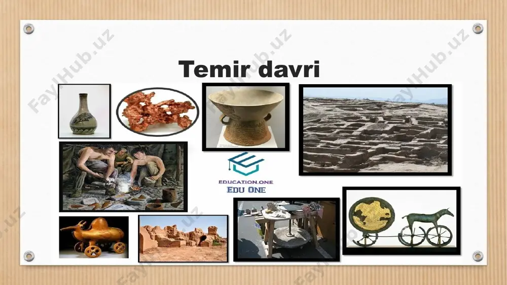 i past boʻlgan. mil. av. 9—7-asrlarga kelib metallga termik usul bilan ishlov berish kashf etilib, uni poʻlatga aylantirilishi yangi material — temirning keng tarqalishiga sabab boʻladi. temir davrida ishlab chiqarishda buyuk texnika oʻzgarishlari yuz berdi. temir rudasining mis va kalayga nisbatan tabiatda serobligi, mustahkam sifati uning ishlab chiqarish.da va harbiy sohada tez va keng tarqalishiga olib keldi. ayniqsa, qishloq xoʻjaligi.da gemir qurollardan foydalanishga oʻtish katta voqea boʻldi. chunki degʻqonchilik maydonlarini kengaytirishda temir asbob va kurollar (bolta, ketmon, kurak), ayniqsa, temir tishli omoch kabi mustahkam moslamalar paydo boʻldi. temir davrida dehqonchilikdan hunarmandchilik ajralib chiqib, alohida ishlab chiqarish. xoʻjaligiga aylandi. temirning keng tarqalishi bilan ishlab chiqarish xoʻjaliklarining rivojlanib borishi shubhasiz, ijtimoiy hayotni ham tubdan oʻzgarishiga olib keddi. yirik qishloqlar hunarmandchilik va oʻzaro ayirboshlash savdo markazita aylanib, shaharlar qad koʻtardi. ular xom/isht va paxsadan bino qilingan baland va qalin devorlar bilan oʻrab olindi. shunday qilib, temir va poʻlat buyumlardan keng koʻlamda foydalanish oʻrta …
