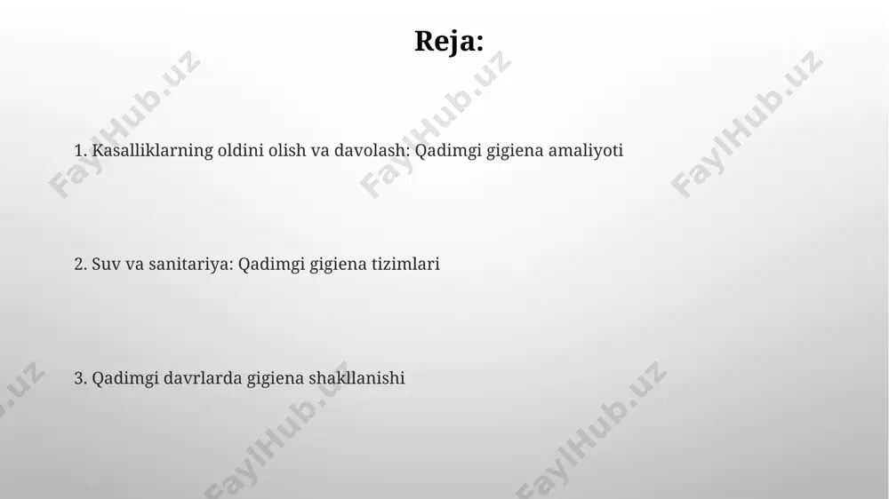 n matnlarida, masalan, “susruta samhita”da, 600 dan ortiq dorivor o'simliklar va ularning gigiyenik maqsadlarda qo'llanilishi haqida batafsil ma’lumotlar keltirilgan. yuqumli kasalliklarga qarshi kurash usullari qadimgi misrda, taxminan 3000 yil avval, yuqumli kasalliklarga qarshi kurashda, nil daryosi suvining tozaligi va ifloslanish darajasiga qarab, suv manbalaridan foydalanishni nazorat qilish amaliyoti mavjud bo'lgan. qadimgi rim imperiyasi davrida, suv ta'minoti va kanalizatsiya tizimlari rivojlangan bo'lib, bu rimning turli shaharlarida, masalan, pompei va rimda, yuqumli kasalliklarning tarqalishini kamaytirishga yordam bergan. tibbiy asboblar va jarrohlik gigiyenasi rim imperiyasi davrida, milodiy 1-asrda, ba'zi shifoxonalarda jarrohlik asboblarini qaynatish orqali dezinfeksiya qilish usuli qo'llanilgan bo'lib, bu esa 10% gacha operatsiyadan keyingi asoratlarni kamaytirishga olib kelgan. yunonistonning qadimgi shaharlarida, masalan, afinada, davolashdan oldin va keyin qo'llarni yuvib tozalash amaliyoti 5-asrda keng tarqalgan bo'lib, bu yuqumli kasalliklarning tarqalishini kamaytirishga hissa qo'shgan. suv ta'minoti va kanalizatsiya tizimlari qadimgi rim imperiyasi davrida, masalan, 1-asrda qurilgan aqua claudia suv quvuri, 69 km dan ortiq …