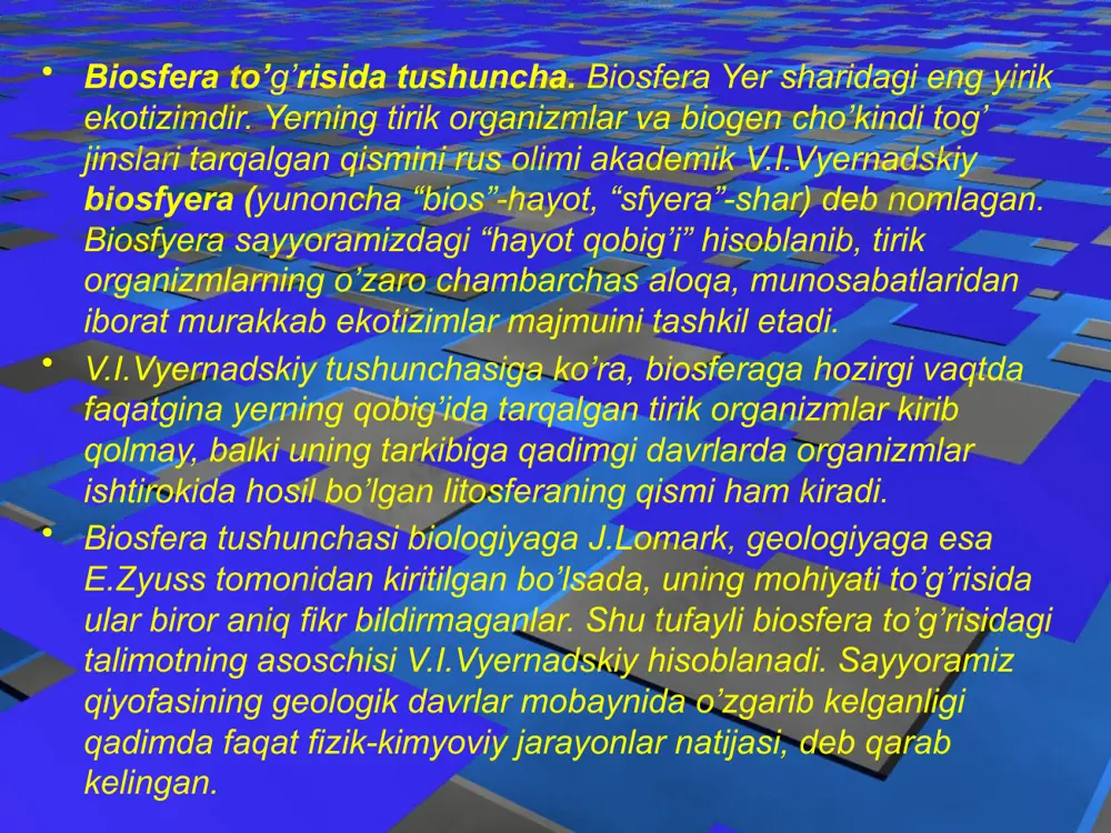 aning tarkibiy qismidir. enyergiyaning aylanishi moddalarning aylanishi bilan chambarchas bog’liq. moddalar kichik (biologik) va katta doiralarda (geologik) aylanadi. biologik quruqlikda tuproq bilan organizm o’rtasida, gidrosferada esa organizm bilan suv o’rtasida sodir bo’ladi. geologik modda aylanish quruqlik bilan dunyo o’rtasidagi jarayondir. demak, biosfera yaxlit, bir butun hosila ekanligi ravshan. inson yer yuzasidagi hayot rivojlanishi (biogenez)ning navbatdagi bosqichi bo’lib, eng kuchli tabiiy omildir. u nafaqat yer sayyorasi, balki koinotni o’zgartirishga ham qodir. hozirda biosferani noosfera (“fikrlovchi qobiq”)ga aylanishi kuzatilmoqda. v.i.vyernadskiyning fikricha noosfyera biosferaning qonuniy rivojlanishi natijasi bo’lib, inson bilan tabiatni o’zaro ongli aloqa munosabatlaridan iboratdir. ekologik tizim va uning tuzilishi. ekologiyaning bosh tadqiqot ob’ekti-ekologik tizimdir, yoki ekotizim. u ma’lum maydondan iborat bo’lib, unda tirik organizmlar va ularni yashash muhitlari majmuasi moddiy-enyergetik va axborotlarning o’zaro ta’siri bilan birlashgan. “ekotizim” atamasi ilk bor ingliz botanigi l. tensli (1935) tomonidan taklif qilingan. ekotizim biror kattalikdagi yoki o’lchamdagi hudud bilan chegaralanmaydi. shuning uchun ham uni organizmlarning …