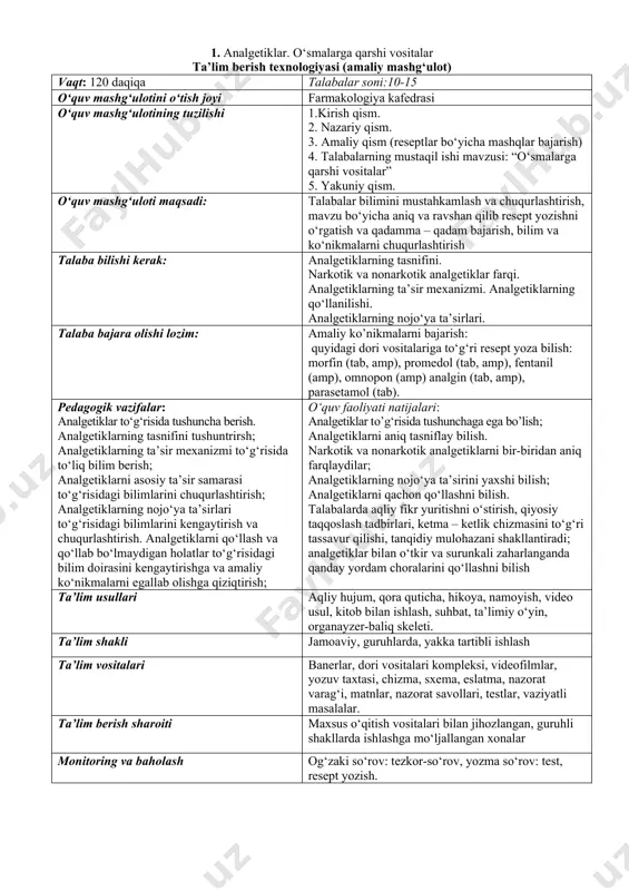 e’lon qiladi, rejalashtirilgan mashg‘ulot natijasini va maqsadini tushuntiradi. 1.3. mashg‘ulot rejasi va uni o‘tkazish xususiyati bilan tanishtiradi. 1.4. talabalarning bilimini baholash mezoni va ko‘nikmalari bilan tanishtiradi. 1.1. eshitadi. 1.2. tinglaydi,yozib oladi. 1.3. tinglaydi, aniqlashtiradi, savol beradi. 1.4. tinglaydi, aniqlashtiradi, savol beradi. 2-bosqich nazariy qism (60 daq.) 2.1. mavzularning yorituvchi savollari bo‘yicha so‘rov o‘tkazadi va talabalarning tayyorgarlik darajasini aniqlaydi. 2.2. talabalar tomonidan butunlay o‘zlashtirilmagan savollar bo‘yicha tushuncha beradi. 2.3. talabalarni kichik guruhlarga bo‘ladi. kichik guruhlarda reseptlarning har xil ko‘rinishini yozishni va masalalar yechimining keyingi namoyishini beradi. 2.4. yozilgan reseptlar bo‘yicha guruhlarning chiqishlarini, namoyishini, muhokamasini va o‘zaro baholashini tashkil qiladi. 2.5. darsga rejalashtirilgan irteraktiv o‘yin, “qora quticha” ssenarisini bayon etadilar. uni o‘tkazilishini tashkil qiladi. interaktiv o‘yin asosida talabalar bilmining faolligini oshiradi. xulosa qiladi. 2.6. chizmali organayzer xisoblangan “baliq skeleti” chizmasining qoidasini ishlab chiqadi va uning asl maqsadini tushuntiradi. 2.7. talabalarning mustaqil ishi bo‘yicha prezentatsiyasini, muhokamasini va chiqishlar bo‘yicha o‘zaro bahslanishini tashkil qiladi. …