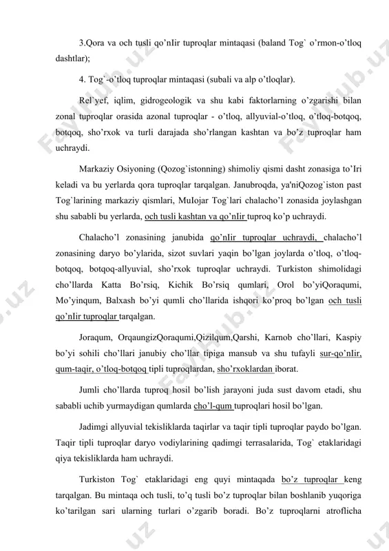 iklar olamining rang-barang bo’lishiga sabab bo’lgan. bu o’lkada kavkaz, eron, sibir, o’rta yer dengizi bo’ylariga xos bo’lgan o’simlik va hayvonlar uchraydi. markaziy osiyoda 9000 dan ortiq o’simlik turi uchraydi. mavjud o’simliklarning atigi 10 foizi chalacho’l va cho’l zonasida, qolgan 90 foizi esa tog`li rayonlarda tarqalgan. markaziy osiyo o’simliklarini tarqalish xususiyatiga ko’ra 4 ta geografik o’lkaga: dasht; chalacho’l; cho’l; tog`lar o’lkasiga ajratish mumkin. dashtda qalin har xil o’tlar o’suvchi o’tloqlar mavjud bo’lsa, chalacho’lda dasht va cho’lga xos o’simliklar o’sadi.dashtda asosan boshoqli o’t o’simliklari, bir yillik va ko’p yillik efemer o’tlar keng tarqalgan. daryo vodiylari va pastqam yerlarda past bo’yli daraxtlarni uchratish mumkin.chalacho’l shimolida boshoqli o’simliklar, janubida esashuvoq va sho’ra ko’plab o’sadi. chalacho’lda o’simliklar siyrak bo’lib, ularning bo’yi past, barglari tikanli, ildizlari chuqur ketgan. chalacho’l shimolining asosiy o’simliklari betaga, qiltanoq, chalov, oq shuvoq, qora shuvoq, izen (supurgi) va boshqalardan iborat. bahorda ko’plab efemer va efemeroidlar; lola, chuchmoma, gulsafsar, ravoch, ayiqtovon va boshqalar. …