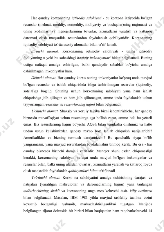 atlarni yaratish va kattaroq foyda olish maqsadida foydalanish qobiliyatilari bilan ta'riflanadi. to'rtinchi alomat. korxo na salohiyatini amalga oshirishning darajasi va natijalari (yaratilgan mahsulotlar va daromadlarning hajmi) yana tanlangan tadbirkorlikning shakli va korxonaning unga mos keluvchi tash- kiliy tuzilmasi bilan belgilanadi. masalan, ibm 1981 yilda mavjud tashkiliy tuzilma o'zini ko'rsatib bo'lganligi tushunib, markazlashtirilganlikni tugatgan. natijada belgilangan tijorat doirasida bir birlari bilan haqiqatdan ham raqobatlashuvchi 14 mustaqil birliklar -kompaniyalar vujudga kelgan. bu firma ichidagi tadbiokorlikni rivojlanishi va umuman ibmning foydasini ko'payishiga olib kelgan. uning bo'linmalari endi nafaqat "foyda markazlari" sifatida, balki "yangilik kiritishlar markazi" sifatida fao liyat yuritmoqdalar, bu natijada ham ibmga va ham undan ajrab chiqqan 14 kompaniyalardan har biriga muvaffaqiyat keltirmoqda. xorijiy biznesning nazariyasi va amaliyotida yaqin yaqingacha bu barcha to'rtta alomatlarni, ya'ni korxonalarning "iqtisodiy salohiyati"ni birlashtiruvchi tushuncha mana nima uchun bo'lmagan. g'arbdagi texnologik ko'tarilish paytida ustivorlik asosiy kapital: mashinalar, dastg'ohlar, uskunalar va boshqa moddiy-ashyoviy resurslar turlarida bo'lgan. keyin esa …