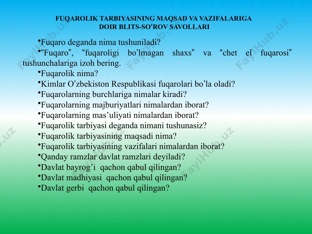 ariga nisbatan ongli yondashish, ularga qathiy va og’ishmay amal qilish, qonunlarni hurmat qilish, ularni shaxs erkini himoya qilish kafolati sifatida ehtirof etish, huquqiy munosabatlar jarayonidagi faol ishtirokni tashkil etishga yo’naltirilgan amaliy xatti–harakatlar majmui milliy g’urur xalqni xalq, millatni millat qilib ko’rsatadi e’tiboringiz uchun rahmat!!! image1.jpeg image2.jpeg image3.jpeg image4.jpeg /docprops/thumbnail.jpeg