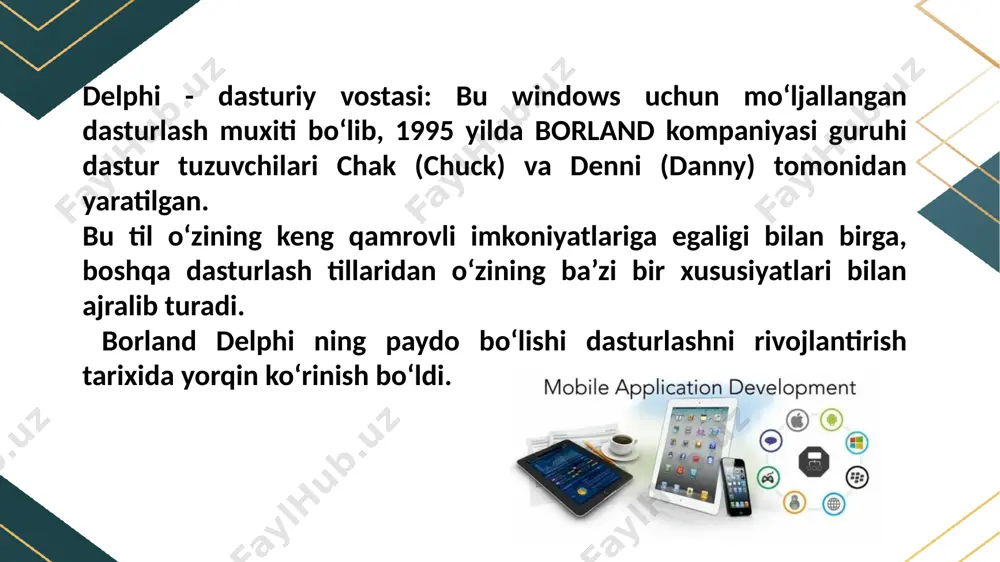 onentlari, grafik kutubxonalar, integratsiya uchun yordamchi kutubxonalar) va yechimlarni taqdim etadi. indy components: internet bilan ishlash, masalan, http, ftp, smtp protokollari orqali ma'lumot uzatish uchun ishlatiladigan delphi kutubxonasidir. firedac: delphi va c++ builder uchun ma'lumotlar bazasiga ulanish va uni boshqarish uchun kutubxona. mobil ilovalarda ma'lumotlar bazasi bilan ishlashda, masalan, sqlite va boshqa serverga bog‘lanish imkonini beradi. delphi dasturlash tilida ko`p hujjatli (mdi) ilovalar yaratish. delphi dasturlash muhitining tashqi ko’rinishi windowsda ko’rish mumkin bo’lgan boshqa dasturlash muhitlari ko’rinishidan farq qiladi. masalan, borland pascal for windows 7.0, borland c++ 4.0, word for windows, program manager – bularning barchasi mdi dasturlari hivisoblanadi va delphiga o’xshamaydi. mdi (multiple document interface) – bitta asosiy oynaning ichida bir nechta quyi tipdagi oynalarni boshqarishni bildiradi. interfeys yaratishning qulayligi: delphi vizual interfeys dizayneri yordamida mobil ilovalarning foydalanuvchi interfeysini tezda yaratish mumkin. ko‘plab tayyor komponentlar mavjud, ular yordamida ilovaning tashqi ko‘rinishini tezda sozlash mumkin. performance: delphi yuqori samarali va …