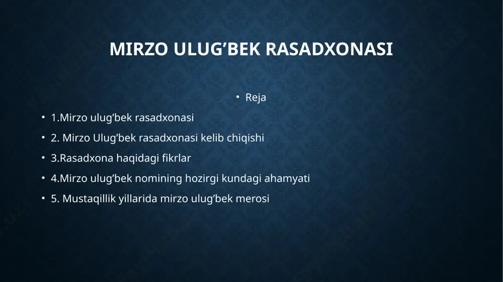 astronomik jadval tuzish va rasadxona qurish haqidagi rejalarni muhokama qiladi. kuzatuvlar shu yili boshlanib, 30 yildan so’ng ya’ni 1447 yilda tugaydi. barcha planetalarning quyosh atrofida aylanishi kuzatiladi. bu davrga kelib «ziji» asari ham yozib tugatiladi. rasadxonada ba’zi kuzatuvlarni oddiy ko’z bilan, ham ya’ni asboblarsiz o’tkazish imkoni bo’lgan. rasadxona kvadrantning diametri 80 metr, uning yoyni uzunligi esa 63 metr bo’lgan. bu sharqdagi mavjud asboblardan eng yirigi bo’lgan, beruniy ham ulkan diametrli kvadranti (15 tirsak)liligi haqida ma’lumot bergan. mirzo ulug’bek xalqaro ilmiy axamiyatga ega bo’lgan kitob kuzatuv kenglik stantsiyasi hamda o’zbekiston respublikasi fanlar akademiyasi astronomiya instituti ulug’bek nomida. 1992 yili o’zbekiston poytaxti toshkentning yirik tumanlaridan biriga mirzo ulug’bek nomi berildi va uning haykali o’rnatildi. toshkent viloyatining bekobod tumanida ulug’bek nomli xo’jalik bor. 1995 yilda toshkent davlat universitetiga mirzo ulug’bek nomi berildi. mustaqillik yillarida mirzo ulug’bek merosi mustaqillik yillarida mirzo ulug’bek merosini o’rganish va e’tirof etish yangi bosqichga ko’tarildi. 1994 yilda o’zbekistonda va …