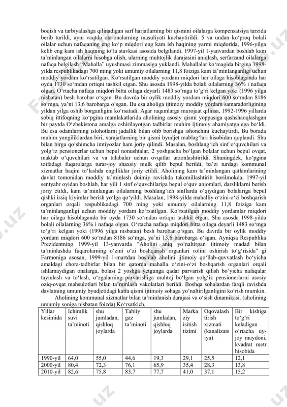 ada demografik vaziyat muhim bo‘lib, har bir oilaga o‘rtacha 4-5 ta kishi to‘g‘ri keladi. o‘zbekistondagi demografik vaziyatning o‘ziga xos xususiyati shundaki, aholi, ayniqsa, mehnatga qobiliyatli yoshlarning soni tez o‘sib bormoqda. bugungi kunda mamlakat aholisining 32 % ni 30 yoshgacha bo‘lgan yoshlar tashkil etadi. mamlakat aholisi 2020-yilda 34 mln kishini tashkil qilgan, 2025-yilda esa 37 mln kishidan oshishi taxmin qilinmoqda. agar aholining o‘sish dinamikasiga e’tibor qaratadigan bo‘lsak, mamlakatda aholi soni so‘nggi 35 yil ichida 1,4 barobarga ko‘paygan. aholining taqsimlanishi bo‘yicha bir kvadrat kilometrga o‘rtacha 56,1 kishi to‘g‘ri keladi. shu nuqtai nazardan qaraganda ishchi kuchlarini ish bilan ta’minlash, ishsizlik masalasini hal etish — respublikadagi eng dolzarb muammolardan biridir. shu bois bunday sharoitda aholining kam ta’minlangan qatlamlarini ijtimoiy qo‘llab-quvvatlash muhim ahamiyat kasb etadi. bundan tashqari, mamlakat aholisining salkam 60 % qishloq joylarida yashaydi. bugungi kunda aynan qishloqlarda odamlarni ish bilan ta’minlash, daromad manbalarini oshirish keskin muammo bo‘lib turibdi. bu muammo er va suv …