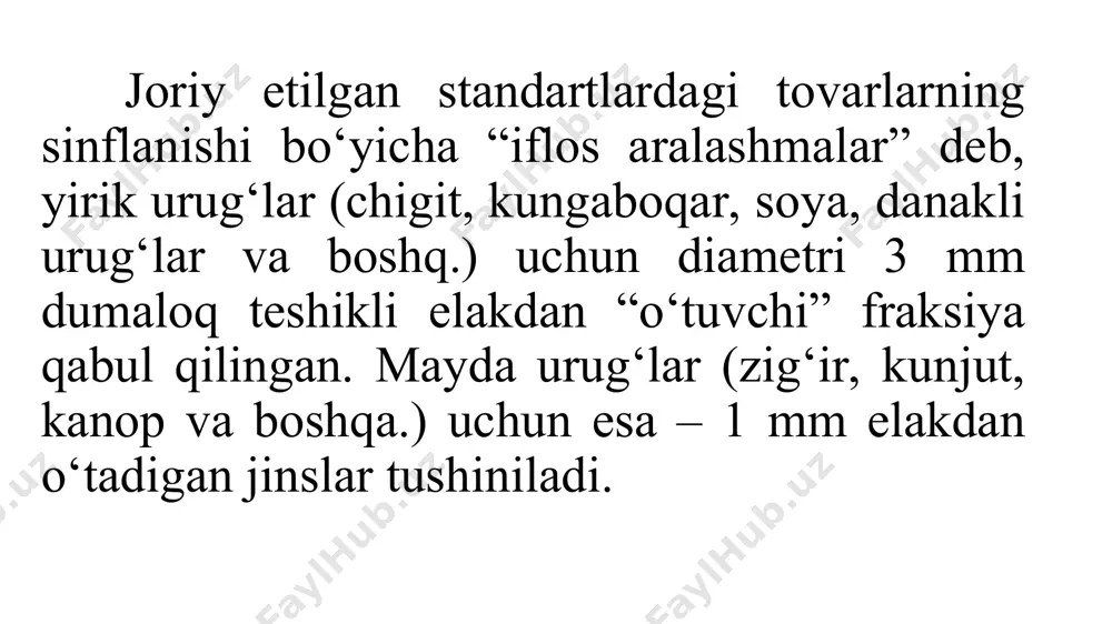 ssasining og'irlik kuchi q havo oqimining bosim kuchi r dan katta bo'lgani uchun zarracha pastga qulab tushadi. 2- holatda zarracha havo oqimining bosim kuchi r bilan uchirib, olib ketiladi. 3- holatda esa og'irlik kuchi q unga ta'sir qiluvchi kuch r ga teng bo'lgani uchun zarracha havo oqimida aylanib, tebranib, qaltirab muallaq holda turib qoladi. usm markali urug ‘ tozalagich sxemasi moyli urug‘larni (konditsiyalash) quritishning asosiy usullari. suvning bog‘lanish turlariga qarab, sanoatda bir necha turdagi quritish usullari ishlatiladi. eng keng tarqalgan quritish metodlaridan biri bu konvektiv quritish usulidir. bu usulda mahsulot asosan, isitilgan qurituvchi gaz yoki yoqilgan gaz yordamida olib boriladi. konvektiv quritish xom ashyoni qurituvchi agent bilan bevosita ta’siri ostidan olib boriladi. konvektiv quritish usulida quritilayotgan mahsulotning qalinligi 100-200 mm, harakatlanayotgan mahsulotning holatiga bog‘liq holda, quritish muddati, masalan shaxtali quritish agregatlarida 40-60 minut, quritish agentining harorati 180 c gacha va mahsulotning qizish darajasi 60-70 c bo‘ladi. ushbu usulda quritish barabanli …