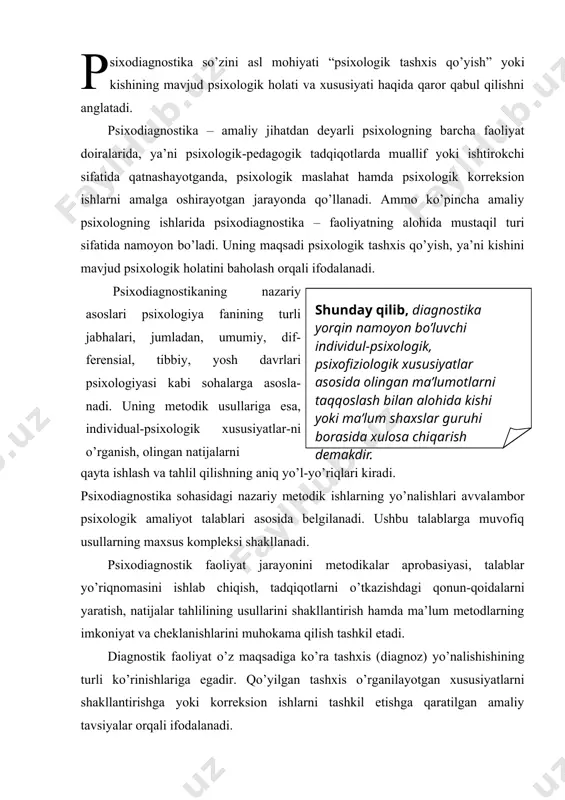 rni shakllantirishga yoki korreksion ishlarni tashkil etishga qaratilgan amaliy tavsiyalar orqali ifodalanadi. 1.2. psixodiagnostikaning predmeti va vazifalari p sixodiagnostika psixologiyani ilmiy va amaliy jabhalaridan tashqari, uning boshqa sohalarida ham keng qamrovda qo’llaniladi. masalan, tibbiy psixologiya, patopsixologiya, injenerlik psixologiyasi, mehnat psixologiyasi kabi insonning psixologik xususiyatlarini bilish talab qilinadigan barcha sohalarida foydalaniladi. ilmiy va amaliy psixodiagnostika yuqorida qayd etilgan barcha holatlarda ham o’ziga xos muhim vazifalarni hal etadi. ularga quyidagilar kiradi: · insondagi mavjud biror psixologik xususiyat yoki xulq-atvori holatini aniqlash; · mazkur xususiyatning shakllanganligi, ya’ni uning miqdoriy va sifatiy ko’rsatkichlarda namoyon bo’lishi darajasini o’rganish; · zarur bo’lgan holdagina shaxsning tashxis qilinayotgan xulq-atvoridagi psixologik xususiyatlarini ochib berish; · o’rganilayotgan xususiyatlarning shakllanganlik darajasini taqqosiy ishlanmasini yaratish. amaliy psixodiagnostikada sanab o’tilgan vazifalarning har biri alohida yoki kompleks tarzda olib borilayotgan tadqiqot maqsadiga muvofiq amalga oshiriladi. demak, psixodiagnostika psixologdan professional faoliyati jarayonida maxsus tayyorgarlik talab qiluvchi murakkab sohadir. psixolog (tashxischi) egallashi kerak bo’lgan bilim, ko’nikma …