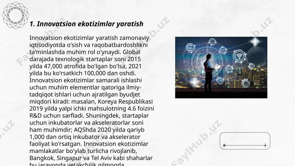 mati 2023-yilda innovatsion klasterlarni rivojlantirish maqsadida 10 ta maxsus sanoat zonalarni yaratishga qaror qilgan. ushbu klasterlar texnologiyalar transferi, kadrlar tayyorlash va tadqiqotlar o‘tkazish orqali qo‘shilgan qiymatni oshirishga yordam beradi. statistikaga ko‘ra, yevropa ittifoqida innovatsion klasterlar ishlab chiqarish samaradorligini 20% dan 30% gacha oshirgan. o‘zbekistonda innovatsion klasterlar iqtisodiyotda yuqori texnologiyali tarmoqlar ulushini oshirish, xalqaro miqyosdagi raqobatbardoshlikni kuchaytirish va yangi ish o‘rinlari yaratishga mo‘ljallangan. 2025-yilgacha ushbu jarayon uchun 100 mln aqsh dollar ajratilishi rejalashtirilgan. innovatsion infrastruktura xayrullayev mahmudjon e'tiboringiz uchun raxmat! image1.png image2.png image3.png image4.jpg image5.png image6.jpg /docprops/thumbnail.jpeg