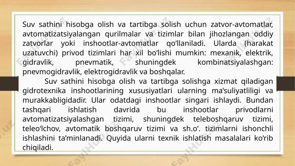 tikalarida q=f(h) egri chiziqlari quriladi. bu usul gidrotexnika inshootlarini ishlatish sharoitida eng maqsadga muvofiq va gidromelioratsiya tizimlarida suvni hisobga olishni avtomatizatsiyalashtirishda iqtisodli usul hisoblanadi. inshootlar uzoq vaqt ishlatilgandan so‘ng zatvorlari ishdan chiqishi, ta’mirlanishi yoki almashtirilishi, pastki kromkasini konfiguratsiyasi o‘zgarishi mumkin. bu holatlarda oraliqlar yangitdan tarirovka qilinishi lozim, bu ularning o‘tkazuvchanligi to‘g‘risida yangi, aniq ma’lumotlarni beradi. ko‘p oraliqli inshootlarni tarirovka qilishda ikki – uch oraliqni birdaniga tarirovka qilish muhim hisoblanadi, chunki bunda aralash oraliqlarning o‘zaro bir biriga ta’siri hisobga olinadi. ko‘milmagan oraliqlarni tarirovka qilish oddiy, ko‘milgan holatda ishlayotgan щitli inshootlarni tarirovka qilish esa murakkab. keyingi holatda suv sarfi, yuqori bef belgisi, pastki bef belgisi va zatvorni ko‘tarilishlarini aniqlash lozim. qiymatlarni o‘lchash aniqligiga alohida ahamiyat beriladi. suv sarfini o‘lchash uchun maxsus suv o‘lchash inshootlari sifatida o‘lchov vodoslivlari (trapetsiodal, yon qirrasi (qiyaligi) 1:4 chipoletti yoki 1:1 a.i. ivanov, uchburchak va boshqa vodoslivlar), keng ostanali vodoslivga yaqin yoki maxsus o‘yig‘i bilan saniiri suv o‘lchash …