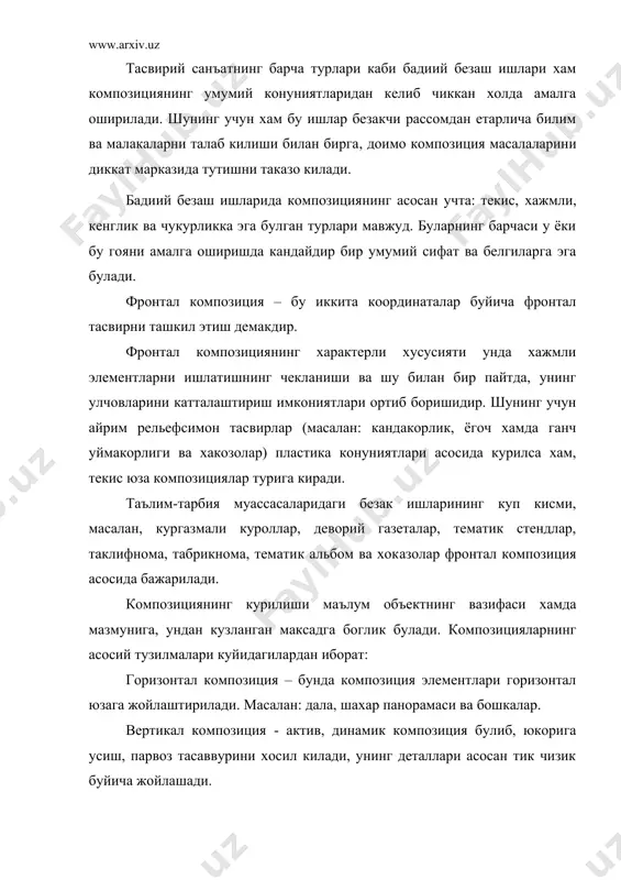 пирамиданинг негизи хисобланади. бадиий безаш санъатидаги фронтал композицияларнинг мухим хусусиятларидан бири уларнинг юпка юза тарзида ижро этилишидир. фронтал композиция бошка тур композициялардан хажмни, масофа ва кенгликни бериши билан фаркланади. хажмли композиция турли куриш нукталаридан идрок килишга мулжалланган уч улчовли шаклда булади. асарларнинг мазмуни ва вазифасига мувофик композициянинг бирор хусусияти бурттирилиши мумкин. композиция уз хусусиятлари билан пировард натижада бадиий безаш ишларининг юксак бадиийлигини таъминлашга асос булиб хизмат килади. композицияларнинг гармоник яхлитлигида ранглар хам алохида ахамият касб этади. айникса ранг асосий урин тутадиган мозаик панно, витражларда композицион гармонияга жиддий караш лозим. шундагина асарнинг ранг бирлиги эстетик таъсир этувчи энг асосий омиллардан бири булади. композиция конуниятларидан асоссиз четлашиш одатда бадиий безаш ишлари мазмунини хам, эстетик мохиятини хам пасайтиради. агар композиция элементлари томонларда бир-бирига нисбатан бир хил жойлашса, улар композицион мувозанатда булади. композициянинг асосий масалаларидан бири комбинациядир. комбинация асосида бир ва бир неча элементларнинг жойини узгартириш оркали композициянинг янгидан-янги ифодали вариантлари тайёрланади. динамик ва …