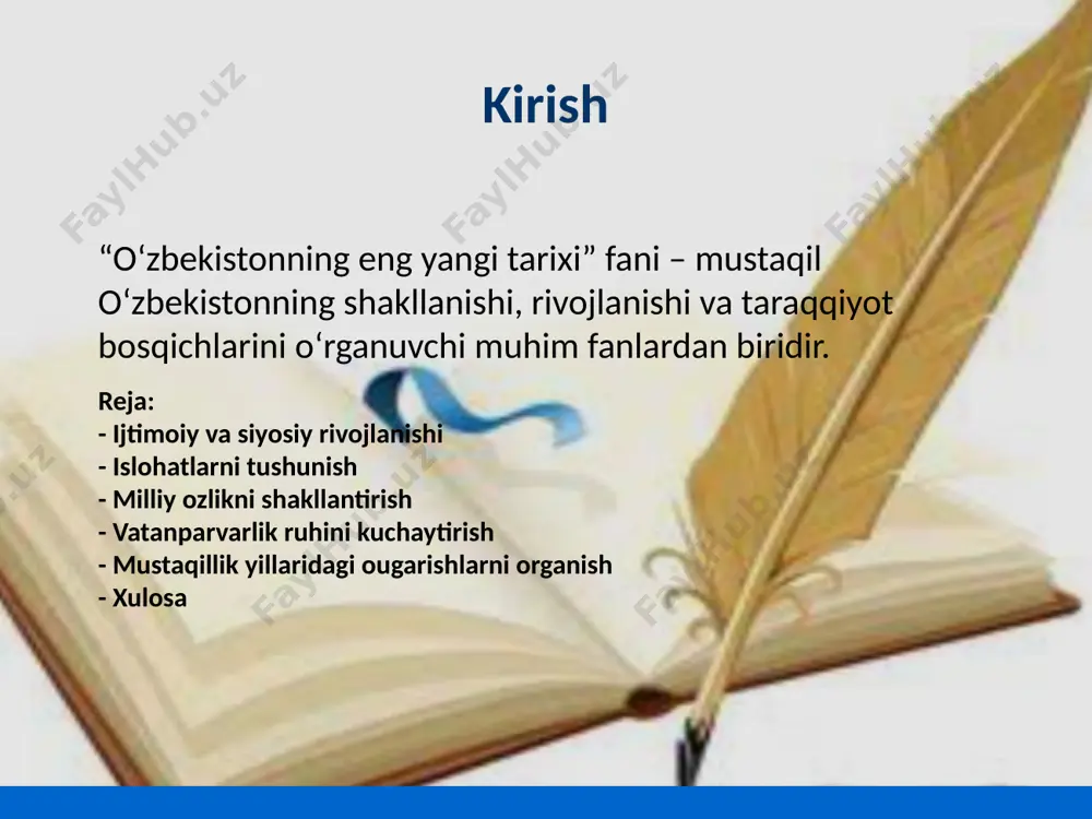 iy voqealar ustida fikr yuritish konikmasi rivojlantitish. xulosa “oʻzbekistonning eng yangi tarixi” fani – bugungi oʻzbekistonni tushunish, qadrlash va uni rivojlantirish yo‘lidagi bilim manbaidir. shu bilan birgalikda ozbekistonning iqtisodiy va madaniy rivojlanishi togrisida madaniy meros obidalarimiz, talim va tibbiyot muassaaalari, sport musobaqalari, xalqoro festivallar haqida organiladi.ushbu fanning asasiy vazifalari mustaqillik davrining tarixini aniq va ilmiy yondashuvga bayon etilishi togrisida fikr yuritiladi. foydalanilgan adabiyotlar - “oʻzbekiston tarixi” darsliklari - prezident chiqishlari to‘plami - tarixiy hujjatlar va ilmiy maqolalar mataykubov xning “o'zbekistonning eng yangi tarixi"kitobi va qollanmalari. - o'zbekiston respublikasining birinchi prezidenti i.a.karimovning “yuksak manaviyat yengilmas kuch” asaridan. savollar bo‘lsa? e’tiboringiz uchun rahmat! 12 image1.jpeg image2.jpeg image3.jpeg image4.jpeg image5.jpeg image6.jpeg image7.jpeg image8.jpeg image9.jpeg image10.jpeg image11.jpeg /docprops/thumbnail.jpeg