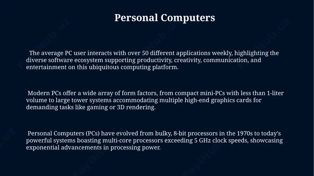 ucing the overall project costs by 15-25% compared to purely digital solutions hybrid computers, combining analog and digital components, offer unique advantages in specific applications like process control systems, where real-time data processing (up to 1000 samples/second) is crucial, merging the speed of analog with the precision of digital. these systems often incorporate specialized hardware alongside digital processors; for instance, a hybrid system might use a digital computer for complex calculations and an analog component for simulating physical processes, achieving a 20% increase in processing speed in some simulations. servers the processing power of a server is often measured in terms of cpu cores and clock speed, with high-end servers boasting dozens of cores running at ghz speeds to handle massive workloads and concurrent user requests efficiently. server operating systems, like windows server or various linux distributions, are optimized for multitasking, network management, and security, supporting hundreds or thousands of …