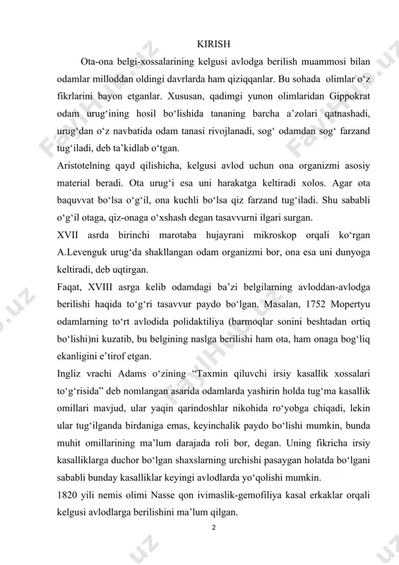 rsiy kasalliklarga duchor bо‘lgan shaxslarning urchishi pasaygan holatda bо‘lgani sababli bunday kasalliklar keyingi avlodlarda yо‘qolishi mumkin. 1820 yili nemis olimi nasse qon ivimaslik-gemofiliya kasal erkaklar orqali kelgusi avlodlarga berilishini ma’lum qilgan. shunday qilib, dastlabki vaqtlarda odam irsiyatini o‘rganish va bu sohada olib borilgan tadqiqotlar biror bir nazariy qoidalarga asoslanmadi. faqat xx asr boshlarida ingliz tibbiyot olimi gerrod mendelning irsiyat qonunlari bilan tanishgach, modda almashish bilan aloqador ba’zi belgi-xossalarning irsiylanishi mana shu qonunlar zaminida rо‘y berishini qayd etdi. masalan, alkaptonuriyaga yо‘liqqan odamlarning farzandlari yaqin qarindoshlariga uylansalar yoki turmushga chiqsalar, ular naslida oz sonda shunday xastalikka chalingan bolalar tug‘ilishini aniqlandi. keyinchalik landshteyner odamlar qonini tekshirib, ularda a,b,o guruhlari borligini ma’lum qildi. dungern va girshfeld odamdagi qon guruhlari mendel kashf qilgan qonunlar bо‘yicha irsiylanishini aniqladilar. i. bob.odam genetikasi rivojlanishi 1.1.gеnеtikaning rivojlanishi uch bosqich 1924 yili bershteyn tadqiqotlari qonning a,b,o guruhlari kо‘p allellar tomonidan nazorat qilinishini kо‘rsatdi. odam xromosomalar tuzilishini о‘rganishda a.p.prokofyeva-belgovskayaning xizmati muximdir. …