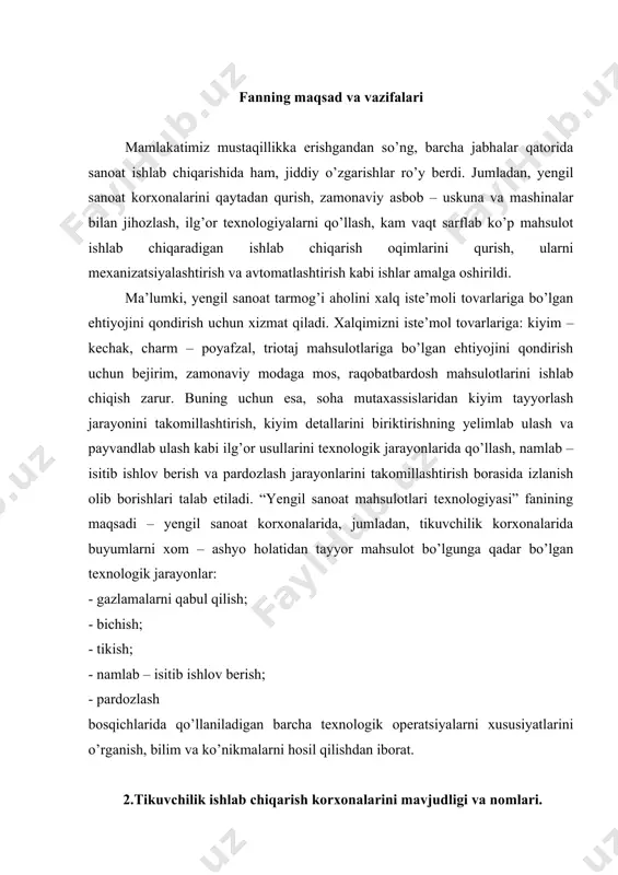 tikuvchilik ishlab chiqarish korxonalarida bir necha nuqtalar bo’lib, bo’lar asosan assortimentlar bo’yicha bo’lingandir. ”qizil tong” aksionerlik jamiyati asosan ustki kiyim assortimentlarini ishlab chiqaradi. ularga palto, kalta palto, erkaklar va ayollar plashlari kiradi. 2. “yulduz” aksionerlik jamiyati asosan erkaklar kostyumlari, yakka tartibda shimlar, har xil razmerlarda ayollar jaketlari ishlab chiqaradi. 3.“parizod” aksionerlik jamiyati engil assortimentlar bo’yicha ayollar va qizlar uchun kostyum va kuylaklar ishlab chiqaradi. 4.namangan viloyatidagi tikuvchilik korxonasida erkaklar sorochkasi ishlab chiqariladi. samarqandda ayollar va erkaklar plashi va kurtkalari, krasnogorsk posyolkasida bolalar ustki kiyimi, paltolar va x.k. 1.3 kiyimning tavsifnomasi va klassifikatsiyasi kiyim – odam tanasini tashqi ta’sirlardan muhofaza qiluvchi va estetik finksiyalarni bajaruvchi buyum va buyumlar majmuidir. u badanning 80 % dan ortiq qismini yopib turadi va odamning tashqi muhitdan noqulay sharoitlardan saqlaydi, tananing normal sog’lom holatda bo’lishiga yordam beradi. hozirgi kiyimlarning bari turli-tumanligini quyidagi tartibda turkumlash qilish mumkin. jins yosh elementlariga binoan, kiyimlar (erkaklar va ayollar kiyimiga va …