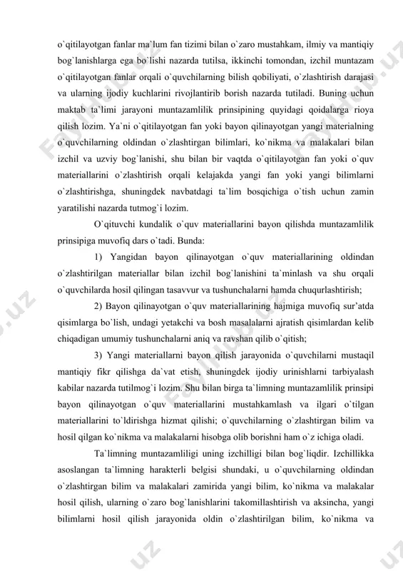 ning muntazamliligi uning izchilligi bilan bog`liqdir. izchillikka asoslangan ta`limning harakterli belgisi shundaki, u o`quvchilarning oldindan o`zlashtirgan bilim va malakalari zamirida yangi bilim, ko`nikma va malakalar hosil qilish, ularning o`zaro bog`lanishlarini takomillashtirish va aksincha, yangi bilimlarni hosil qilish jarayonida oldin o`zlashtirilgan bilim, ko`nikma va malakalar yana ham chuqurlashtirish, kengaytirish va mustahkamlashni ta`minlashga qaratilgandir. ta`limda onglilik va faollik. ta`limda onglilik o`quvchilarning ilmiy bilimlarini asosli ravishda anglab, chuqur o`zlashtirib olishlarini taqozo qiladi. o`quvchilarning ta`lim jarayonida onglilik bevosita ularning aqliy faoliyatlari bilan fikr qilish faoliyati bilan chambarchas bog`liqdir. odatda o`quvchilarning ongliligi bayon qilinayotgan o`quv materiallarini yoki tevarak atrofni o`rab olgan ob`ektiv borliqdagi narsa, hodisa, voqealarini fikr qilish operatsiyasi-taqqoslash, analiz qilish, abstraksiya va umumlashtirish natijasida ilmiy bilimlarning qonun-qoidalari hayotiyligiga ishonch bilan qarashlarida, shuningdek nazariy bilimlarni amaliyotda qo`llay olishlarida ko`rinadi. bayon qilinayotgan o`quv materiallarining ongli o`zlashtirlgani o`quvchilarning fikr qilish faoliyatlariga ta`sir qilishi kuzatish natijasida ro`yobga chiqadi va ayni bir vaqtda bu jarayon o`quvchilarning ilmiy bilim, ko`nikma …