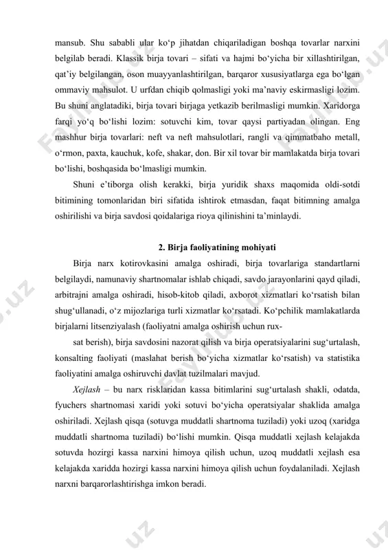 di) bo‘lishi mumkin. qisqa muddatli xejlash kelajakda sotuvda hozirgi kassa narxini himoya qilish uchun, uzoq muddatli xejlash esa kelajakda xaridda hozirgi kassa narxini himoya qilish uchun foydalaniladi. xejlash narxni barqarorlashtirishga imkon beradi. muddatlilik belgisiga muvofiq bitimlar kassa bitimlari va muddatli bitimlar bilan farqlanadi. ular: · bitim darhol yakunlanadigan, ya’ni sotuvchi bilan xaridor tovar yetkazib berilishi bilan hisob-kitob qiladigan «kesh» (sash) kassa bitimlari; · bitim tez yakunlanadigan, ya’ni sotuvchi bilan xaridor ikki-uch kun muddat ichida hisob-kitob qiladigan «spot» (spot) kassa bitimlari. muddatli bitimlar shunisi bilan farq qiladiki, bitimni ijro etish (to‘lov va tovarni yetkazish) muddati bilan bitim imzolangan vaqt orasida ma’lum muddat (24 oygacha) bo‘ladi. narx bitim imzolangan vaqtda belgilanadi. bitimni (pozitsiyani) ijro etish muddati standartlashtirilgan. muddatli bitimlar birja chayqovi, ya’ni narx farqidagi o‘yinlar imkoniyatlarini kengaytirdi. kassa bozorida faqat narxning o‘sishida o‘ynash mumkin bo‘lgan, narx o‘sishida o‘ynaydigan birjachilar esa (birja tilida «buqalar»), tovarni keyinchalik qimmat narxda sotish niyatida sotib olganlar. muddatli …