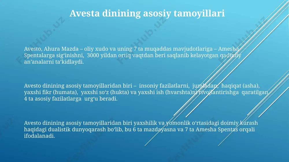 dan iborat. avesta bugungi kunda avesta diniy va madaniy meros sifatida, hozirgi kunda 2 milliondan ortiq zardushtiylik tarafdorlari tomonidan muqaddas kitob sifatida qadrlanadi va o'rganiladi. avesta matnlarini o'rganish va talqin qilish bo'yicha 50 dan ortiq ilmiy tadqiqotlar olib borilmoqda, bu esa zamonaviy olimlar uchun muhim manba bo'lib xizmat qiladi. avesta bugungi kunda dunyoning turli kutubxonalarida, jumladan, 10 dan ortiq yirik arxivlarda saqlanmoqda, ularning ko'pchiligi qisman yoki to'liq raqamli shaklda mavjud. avesta va madaniyat avesto madaniyati zoroastrizm dinining shakllanishiga kuchli ta'sir ko'rsatib, 2000 dan ortiq yil davomida eron va markaziy osiyo xalqlarining dunyoqarashiga chuqur ta'sir etgan. avesto matnlarida 7 ga yaqin asosiy qism mavjud bo'lib, ular kosmologiya, teogoniya, ritual va axloqiy qoidalarga bag'ishlangan. avesto madaniyati qadimgi eron xalqlarining 1500 yildan ortiq davom etgan boy tarixini, dinini va adabiyotini aks ettiruvchi noyob manba hisoblanadi. avesta nima? avesta qadimgi eron tillarining sharqiy guruhining qadimgi yozma yodgorligidir, taxminan miloddan avvalgi 1400-1000 yillar oralig'ida yaratilgan …