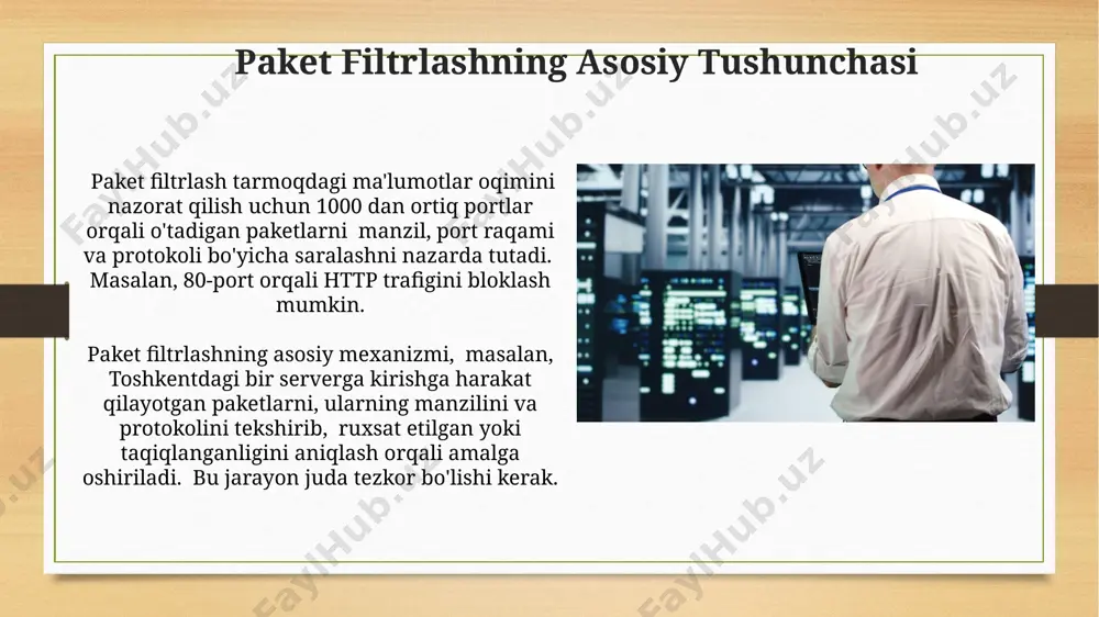 rni himoya qilish mumkin. port raqamlari filtrlash, 80 (http) va 443 (https) portlariga kirishni ochib, boshqa portlarni blokirovka qilish orqali, masalan, samarqanddagi veb-server xavfsizligini ta'minlashga yordam beradi. paket filtrlash mexanizmlari paket filtrlash mexanizmlarida, masalan, 256 baytgacha bo'lgan paketlarni filtrlash uchun, ip manzili va port raqamlari kabi mezonlarni qo'llash orqali toshkent shahridagi serverlarni himoya qilish mumkin. firewall-lar, paket filtrlashning asosiy mexanizmi sifatida, har sekundiga 10000 dan ortiq paketlarni tahlil qilib, xavfsizlik siyosatiga mos kelmaydiganlarni bloklaydi, bu esa, masalan, aqshdan kelayotgan hujumlarni oldini olishga yordam beradi. paket filtrlash va tarmoq samaradorligi aqshning kaliforniya shtatidagi tadqiqotlar shuni ko'rsatdiki, noto'g'ri filtrlash parametrlari 30% gacha bo'lgan tarmoq resurslarini bekorga sarflashga olib kelishi mumkin, bu esa server yuklamasini ortishi va samaradorlikning pasayishiga olib keladi. paket filtrlashning noto'g'ri konfiguratsiyasi tufayli, toshkentdagi 1000 ta kompyuter tarmog'ida 20% ga yaqin ma'lumotlar yo'qolishi kuzatildi, bu esa tarmoq samaradorligini sezilarli darajada pasaytirdi. paket yo'qotilishi va kechikishlarning muammolari paketlarning yo'qotilishi tarmoqning bandligi, …