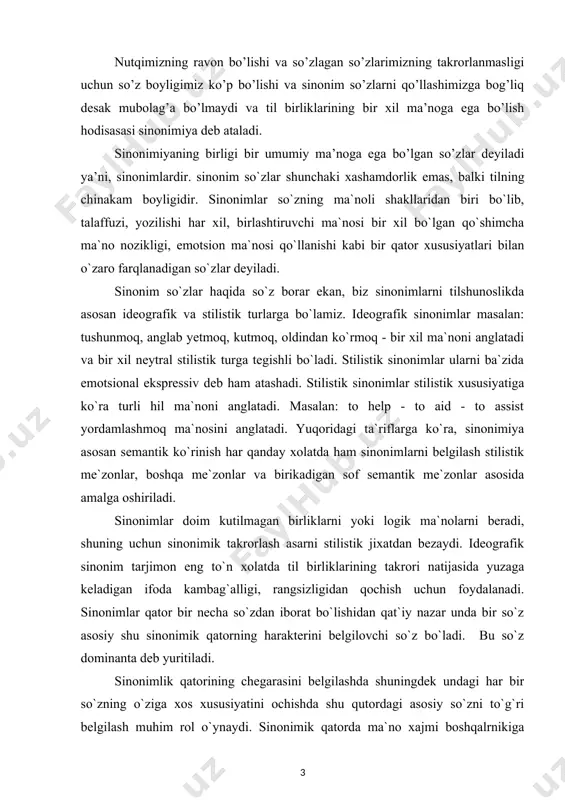 arli ravishda ifodalash uchun chizma jadvallar va rasmlar berildi.ishga qo‘yilgan maqsadga erishishi uchun to‘plangan adabiyotlar manbalarning nomlari va elektron manzillari keltirildi. asosiy qism 1. sinonimlarning o‘rganilishi va sinonimik qatorlarda darajalanish muammolari. “o‘zbek tilining izohli lug‘ati”da sinonim, sinonimik, sinonimika , sinonimiya terminlariga quyidagicha ta’rif berilgan: sinonim (yun- bir xil nomli) tilsh. shakli bir xil, ma’nosi esa bir xil yoki biroz farqli bo‘lgan til birliklari qatoridagi bir xil til birligi. sinonimik tilsh. bir-biriga sinonim bo’lgan ma’nodosh. sinonimik so’zlar. sinonimika tilsh. 1.biror tilning sinonimlari majmui. o’zbek tili sinonimikasi. 2. leksikologiyaning sinonimlarni o’rganuvchi bo’limi. sinonimiya yun ( bir xil nomga egalik) tilsh. til birliklarining ma’no jihatidan yaqinlik, ma’nodoshlik hodisasi. [footnoteref:1] [1: о‘zbek tilining izohli lug‘ati. 5 jildli. 3-jild. – toshkent: «о‘zbekiston milliy ensiklopediyasi» davlat ilmiy nashriyoti, 514-bet. ] h.jamolxonov “hozirgi o’zbek adabiy tili” kitobning “ leksik sinonimiya” qismida “sinonimlar nutqda muhim uslubiy vosita sanaladi: ular nutqning ravon va ta’sirli bo’lishni, fikrning aniq va obrazli …