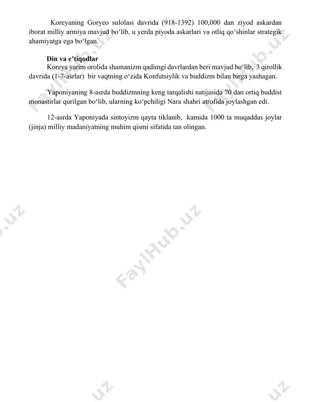 askarlari va otliq qoʻshinlar strategik ahamiyatga ega boʻlgan. din va eʼtiqodlar koreya yarim orolida shamanizm qadimgi davrlardan beri mavjud boʻlib, 3 qirollik davrida (1-7-asrlar) bir vaqtning oʻzida konfutsiylik va buddizm bilan birga yashagan. yaponiyaning 8-asrda buddizmning keng tarqalishi natijasida 70 dan ortiq buddist monastirlar qurilgan boʻlib, ularning koʻpchiligi nara shahri atrofida joylashgan edi. 12-asrda yaponiyada sintoyizm qayta tiklanib, kamida 1000 ta muqaddas joylar (jinja) milliy madaniyatning muhim qismi sifatida tan olingan. 📌xulosa o'rta asr yaponiyasi va koreyasi o'zaro murakkab munosabatlarga ega bo'lib, madaniy almashinuvlar bilan birga harbiy to'qnashuvlar ham kuzatilgan. ikki mamlakatning siyosiy va ijtimoiy tuzilmalari o'ziga xos xususiyatlarga ega bo'lsa-da, ularning tarixiy ta'siri bir-biriga chambarchas bog'liq edi. 📚foydalanilgan adabiyotlar 1. иноуэ мицуо. япония ва кореянинг ўрта асрларидаги муносабатлари. 2. ким вон чжон. кореянинг ўрта аср тарихи. 3. накамура такаси. япониянинг ўрта асрларидаги маданияти. 4. ли сон чжон. кореянинг ўрта асрларидаги иқтисодиёти. 5. ёсида кодзи