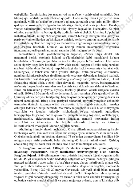 otlari yetishtirishga ixtisoslashgan dehqonchilikning kо‘pgina tarmoqlari siqib chiqarildi, chorvachilik zarar kо‘rdi, kо‘p yillar davomida surunkali paxta ekilishi tuproqning tarkibi buzilib, tabiiy unumdorligi qashshoqlashdi, maydonlarni shо‘r bosdi, mineral о‘g’itlarni о‘ta ortig’i bilan ishlatilishi tuproq, suv va atmosferaning zaharlanishiga, ekologik sharoitning og’irlanishiga olib keldi. bu davrda sug’orma dehqonchilikni yuksaltirish maqsadida kо‘plab yangi kanallar va suv omborlari ishga tushirildi. (chimqо‘rg’on, janubiy surxon suv omborlari, amu-buxoro, amu-qorakо‘l, janubiy mirzachо‘l kanallari va b.) hamda mirzachо‘l, qarshi chо‘li, surxon-sherobod chо‘llarida unumdor qо‘riq yerlar о‘zlashtirildi. dastlab bu tadbirlar qishloq xо‘jalik mahsulotlarini yetishtirishning oshishiga olib kelgan bо‘lsa-da, keyinchalik ekologiyaga salbiy ta’sir kо‘rsatdi. eng yomoni amudaryo va sirdaryo suvlari orol dengizigacha qariyb yetib bormay qoldi. bu orolni falokat yoqasiga olib keldi. dengiz sathi pasayib, ilgarigi gullab turgan shahru-qо‘rg’onlar shо‘r qumzorga aylandi. umuman olganda, iqtisodiyotni rivojlantiirishda ekstensiv usul hukmronlik qildi, ilmiy-texnika taraqqiyotini ishlab chiqarishga tatbiq ettirishga yetarli e’tibor berilmadi. masalan, 1981-1985-yillarda 660 ta kashfiyotdan faqat uchdan biri xalq xо‘jaligiga joriy …