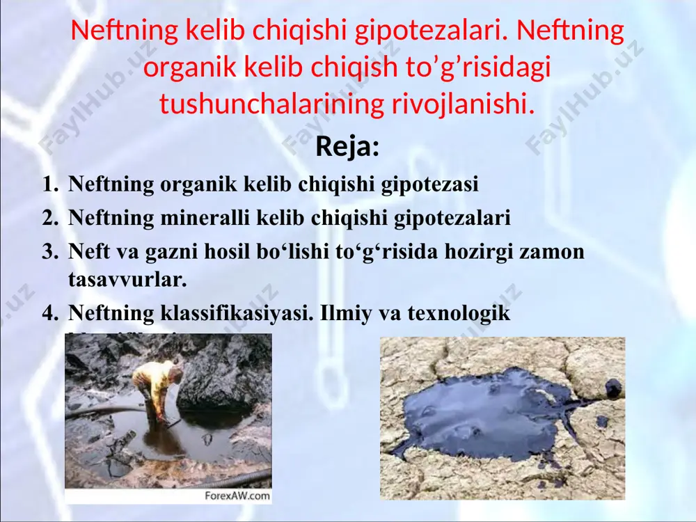 nlardan, hidratsiyadan yoki suvsizlanishdan (suvsizlanishdan), cho'kindilarning sementatsiyasidan va shunga o'xshash narsalardan iborat. diagenetik mineral hosil bo'lishining ikki bosqichi mavjud: oksidlovchi va qaytaruvchi. diagenez diagenez jarayoning asosiy xususiyatlari harorat va bosimning pastligi bakteriyalar ishtirok etganligi uchun jarayon biokimyoviy hisoblanadi. katagenez – diagenez natijasida hosil bo’lgan chirindilarning keyingi bosqichdagi parchalanish jarayonlarining umumiy ko’rinishi. katagenez katagenezning umumiy xususiyatlari -10-12 km pastlikdagi haroratning (300 – 350ос) ва bosimning yuqoriligi ( 1800 – 2900 ат.). boradigan jarayonlar: kimyoviy jarayonlar obyektlarning zichlashishining oshishi, suvning yo’qolishi. катагенез: i bosqich: 1,2 kmgacha; 50 – 70 ос ii bosqich: 2 - 4 kmgacha ; 80 – 150 ос iii bosqich: 4,5 km keyin; 80 – 250ос neft va gazni hosil bo‘lishi to‘g‘risida hozirgi zamon tasavvurlar. sapoprelli slanslar 150–170 0c gacha qizdirilsa ekstraksiyalanadigan moddalar chiqishining oshishiga olib keladigan organik moddaning kuchsiz termik parchalanishi boshlanadi, 200 0c da ekstraksiyalanadigan moddalar ko‘proq hosil bo‘ladi, 370–400 0c da 1 soat davomida qizdirganda slanets …