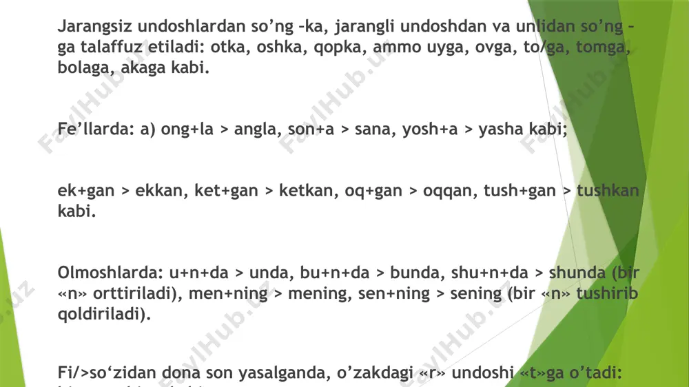 da yo‘g‘onroq, o‘zbekcha so‘zlarda ingichkaroq (yumshoqroq) talaffuz etiladi. qiyos qiling: uklad (rus.) — uxlamoq (o‘zb.), uzual (rus.) — uzum (o‘zb.) kabi. ruscha leksik o‘zlashmalarda «u» unlisi yumshoq undoshdan so‘ng o‘ta ingichka (old qator unli tarzida), qattiq undoshdan so‘ng esa yo‘g‘on (orqa qator unli tarzida) talaffuz qilinadi. qiyos qiling: abajur va manikur (aöamyp ea manuiaop), ultimatum va kastum (yribmumamym ea kocmiom), plug va salut (nrtye ea can tom) kabi. rus tilidan o‘zlashtirilgan so‘zlarda yumshoq undoshdan keyin kelgan «u» o‘zbekcha «u» dan ham ingichkaroq va yumshoqroq talaffuz etiladi. qiyos qiling: burro (o‘zb.) — byuro (rus.) kabi. ruscha leksik o‘zlashmalarning urg‘usiz bo‘g‘inidagi «e» unlisi o‘zbekcha «e» dan ancha tor («i» ga yaqin) talaffuz etiladi: telefon > tilifon, televizor > tiliviz.br, adres > adris kabi. rus tili orqali o‘zlashgan so‘zlarda «a» unlisi o‘zbekcha «a» dan yo‘g‘onroq talaffuz etiladi. qiyos qiling: kana (o‘zb.) — kanal (rus.) kabi. e’tiboringiz uchun tashakkur!!! image1.jpeg /docprops/thumbnail.jpeg