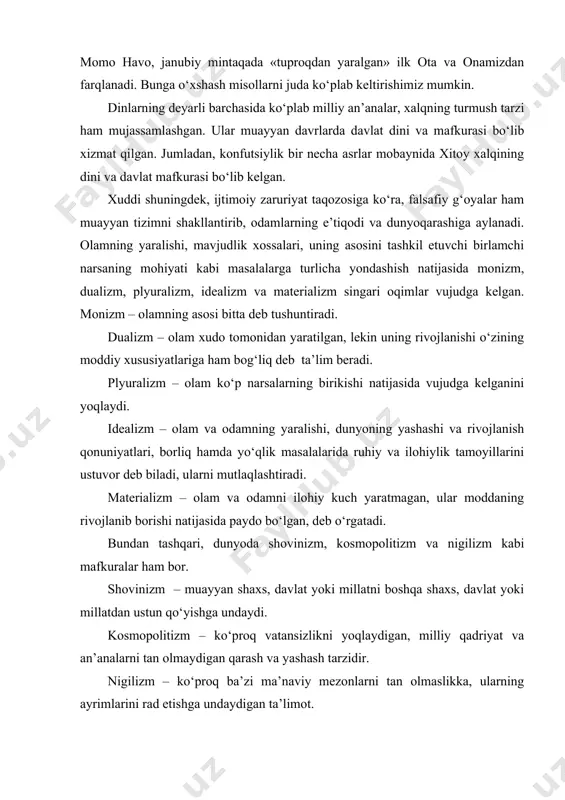 . ba’zi mafkuralar, muayyan ijtimoiy shart-sharoit taqozosiga ko‘ra, davlat mafkurasiga aylanadi. ayrimlari davr o‘tishi bilan o‘zining mavqeyini yo‘qotsa-da, umumbashariy qadriyatlar manbayi sifatida tarixiy ahamiyatga ega bo‘ladi. turli-tuman mafkuralar o‘rtasidagi bahs-munozaraga sabab bo‘luvchi yoki ularni uyg‘unlashtiruvchi g‘oyalar ham qadim zamonlardan buyon mavjud va bu jarayon insoniyatning tafakkur rivojiga ta’sir etib kelmoqda. shuningdek, bir-biriga mutlaqo qarama-qarshi bo‘lgan g‘oyaviy tizim va mafkuralar tortishuvi ham uzoq tarixga ega. bunga ilohiy kuch, ya’ni xudoni butunlay rad etuvchi ateizm – dahriylik bilan xudo va ilohiylikni mutlaqlashtiruvchi teizm – xudojo‘ylik o‘rtasida azaliy bahsmunozara yorqin misol bo‘la oladi. bu an’anaviy tortishuv, shunchalik ilm-fan taraqqiyotiga qaramay, bugungi kunda ham muayyan darajada davom etmoqda. fransiyada imperator napoleon shaxsiga sig‘inish natijasida paydo bo‘lgan shovinizm g‘oyalari xix asrning 30-yillarida keng tarqalgan. keyinchalik u bir xalqni boshqasidan afzal deb biladigan zararli oqimga aylangan. «buyuk millatchilik shovinizmi», «buyuk davlatchilik shovinizmi», «irqiy shovinizm» kabi tushunchalar aynan shuning natijasida paydo bo‘lgan. bunyodkor va vayronkor g‘oyalar. ko‘hna …