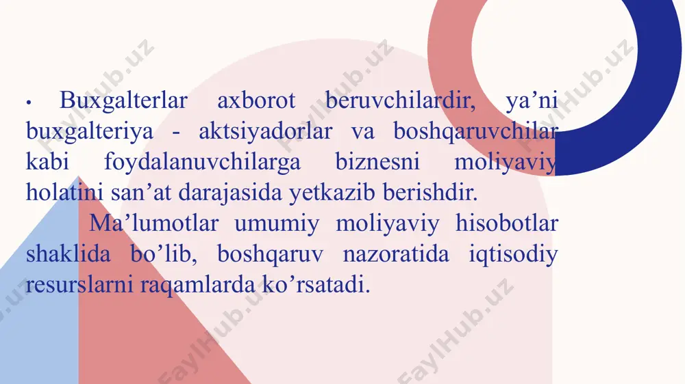 tkazib berish bilan band boʼlgan tarmoqlari kiradi. ijtimoiy mahsulotni takror ishlab chiqarish - korxonaning jamgʼarmalaridan, yaʼni ishlab chiqarish faoliyati uchun zarur boʼlgan moddiy va pul mablagʼlaridan foydalanish yoʼli bilan amalga oshiriladi. " " 11 mulkchilikning har xil shakllaridagi korxonalarga zarur boʼlgan mablagʼlar maʼlum manbalar hisobidan shakllanadi. ishlab chiqarish - taqsimot, aylanish va isteʼmol jarayonlariga xizmat qilaturib, korxonalar mablagʼlari uzluksiz doirada aylanishni amalga oshiradi. shuning uchun buxgalteriya hisobi bu yerda moddiy boyliklarni yaratishga yoʼnaltirilgan doiraviy aylanish jarayonidagi korxona mablagʼlarining holatlari va ulardan foydalanishni samarali boshqarish uchun zarur boʼlgan axborotni shakllantiradi. noishlab chiqarish sohasini aholiga xizmatlar koʼrsatuvchi tarmoqlari tashkil qiladi. bularga sogʼliqni saqlash, xalq taʼlimi, sanʼat hamda davlat boshqarmalari va mudofaa muassasalari kiradi. noishlab chiqarish sohasida garchi mahsulot ishlab chiqarilmasa ham, u ishlab chiqarish sohasiga oʼzining natijalari orqali ijobiy taʼsir qiladi. " " 12 noishlab chiqarish sohasi tashkilotlari va muassasalarining xoʼjalik faoliyatlari, ularga davlat byudjetidan qisman ajratilgan hamda oʼzi ishlab topgan mablagʼlardan …