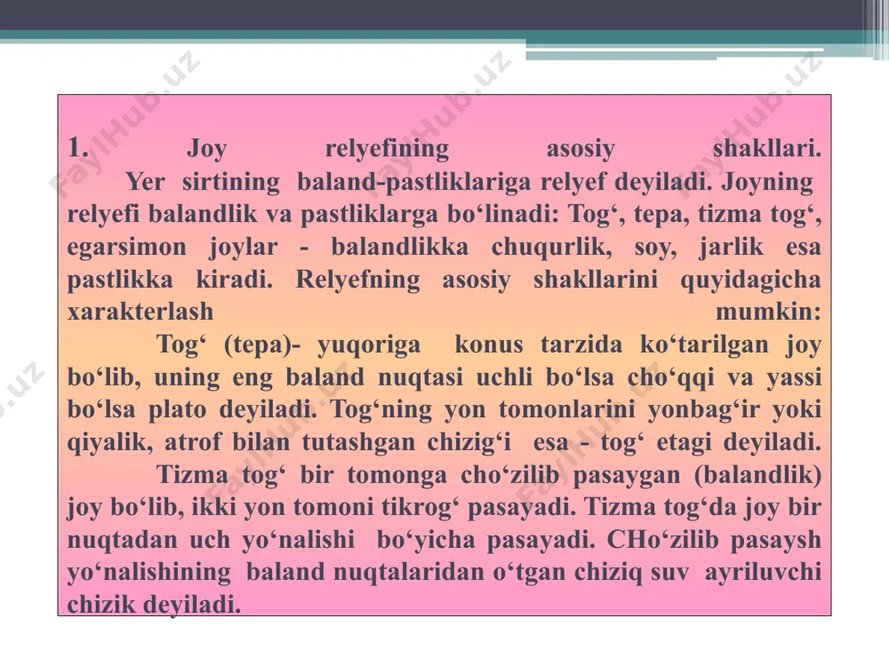 g’lik tog’lik rel’yeflariga bo’lish mumkin. rel’yef shakllari tashqi ko’rinishi bo’yicha bo’rtib chiqqan (qavariq) va botiq bo’ladi. qavariq botiq rel’yefning qavariq shakllariga − qo’rg’ontepa, tog’, do’nglik va h. k. lar kiradi. rel’yefning botiq shakllariga − vodiy, jarlik, soy va h. k. lar kiradi. rel’yefni balandlik usuli bilan tasvirlash − balandlik deb, nuqtaning absolyut balandligini ifodalovchi raqamlarga aytiladi. balandlik usulida biron bir joyning rel’yefini qog’ozda tasvirlash uchun, masalan; tepalikning eng baland nuqtasi, etagi, yon bag’irlarining bukilgan joyi va boshqa shunga o’xshash nuqtalarining absolyut balandligi aniqlanadi. so’ngra bu nuqtalar qog’ozga tushirilib uning yoniga balandlik qiymatlari yozib quyiladi rel’yefning bu usulda tasvirlanishi, kartadagi nuqtalarning baland – pastligini tez va oson aniqlashga imkon yaratadi, ammo rel’yefning bu usulda tasvirlanishida kartada yon bag’irlarlarning yo’nalishi, qiyaligi va shaklini aniqlash ancha qiyin bo’ladi. shuning uchun bu usuldan faqat dengiz kartalarini tuzishda va dengiz chuqurliklarini aniqlashda foydalaniladi. topografik kartada bu usuldan foydalanishda gorizontallar usuli bilan birgalikda olib boriladi. rel’yefni …